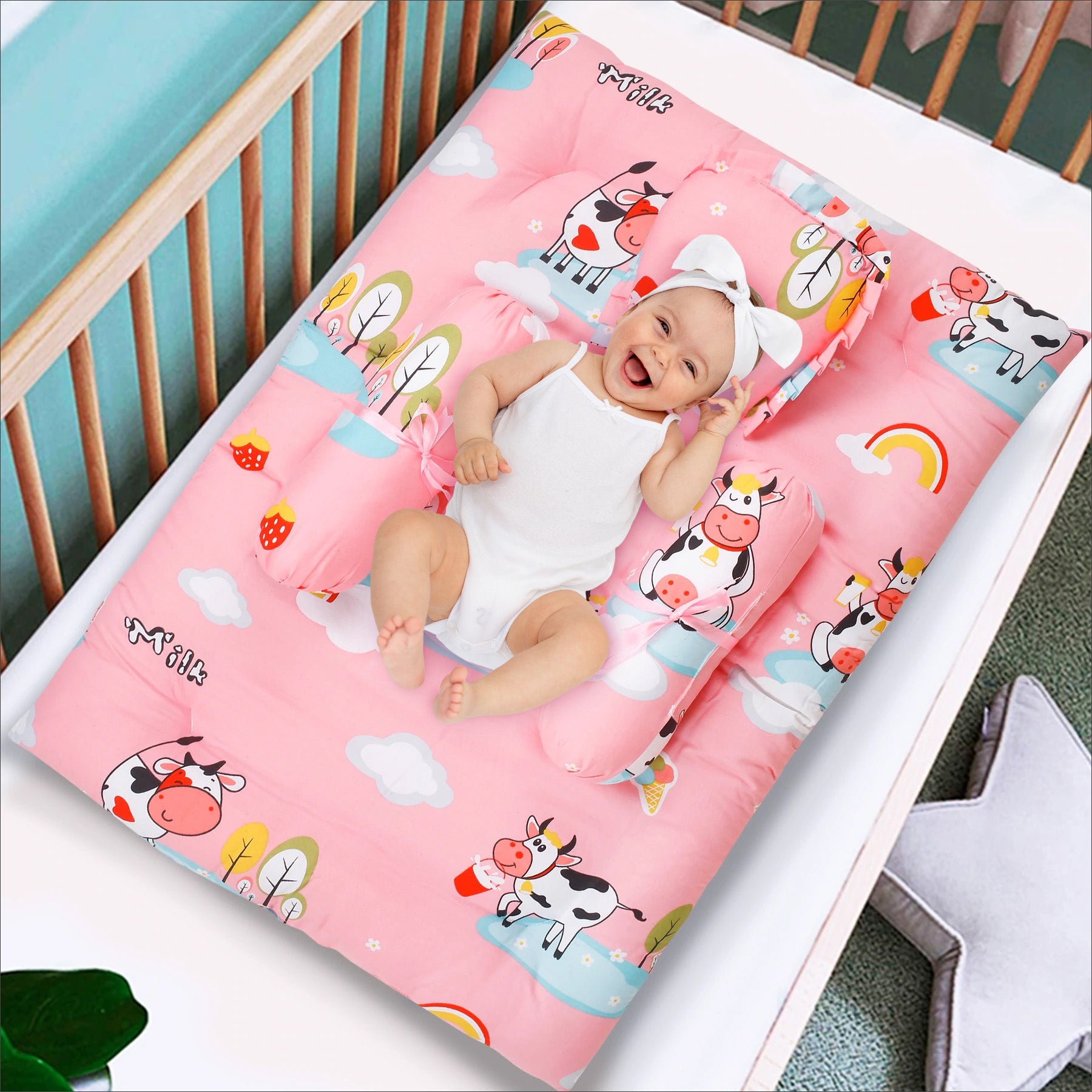 Mattress Set With Neck Pillow and Bolsters Milkaholic Peach - Baby Moo