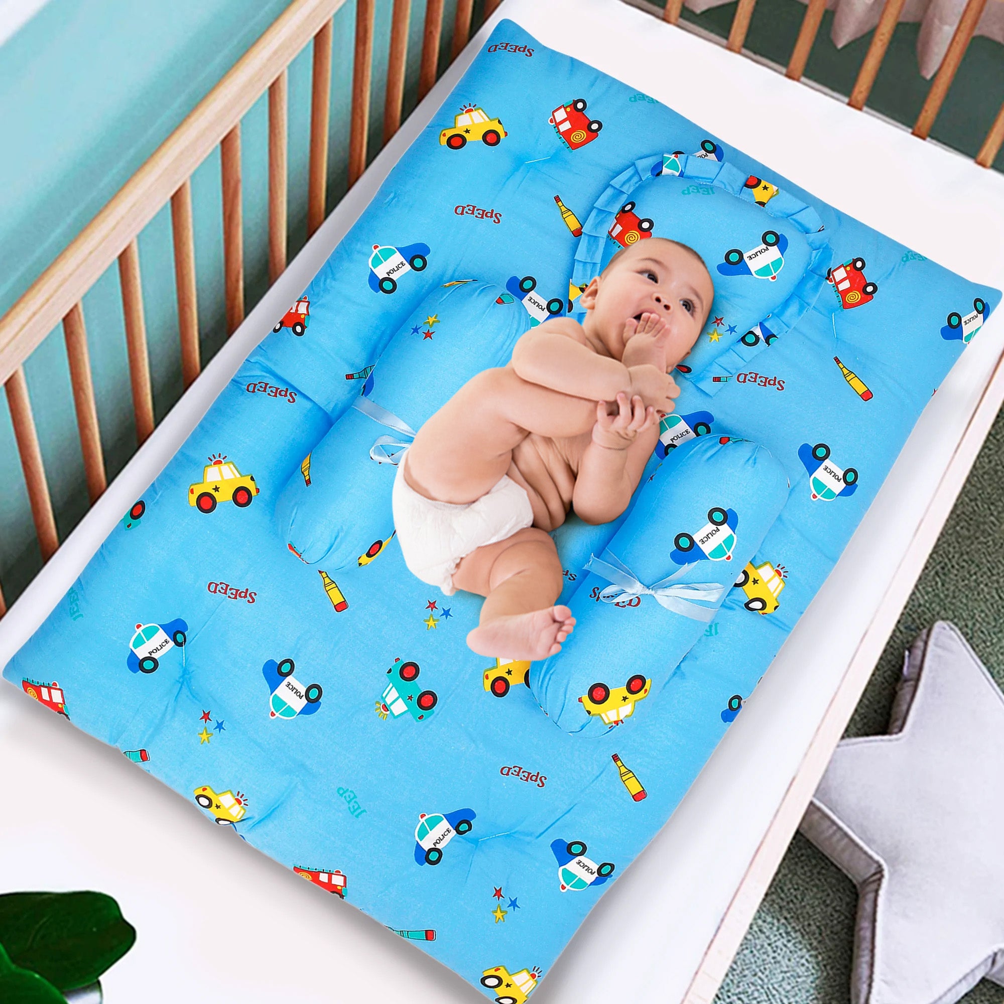 Mattress Set With Neck Pillow and Bolsters Catch Me If You Can Blue - Baby Moo