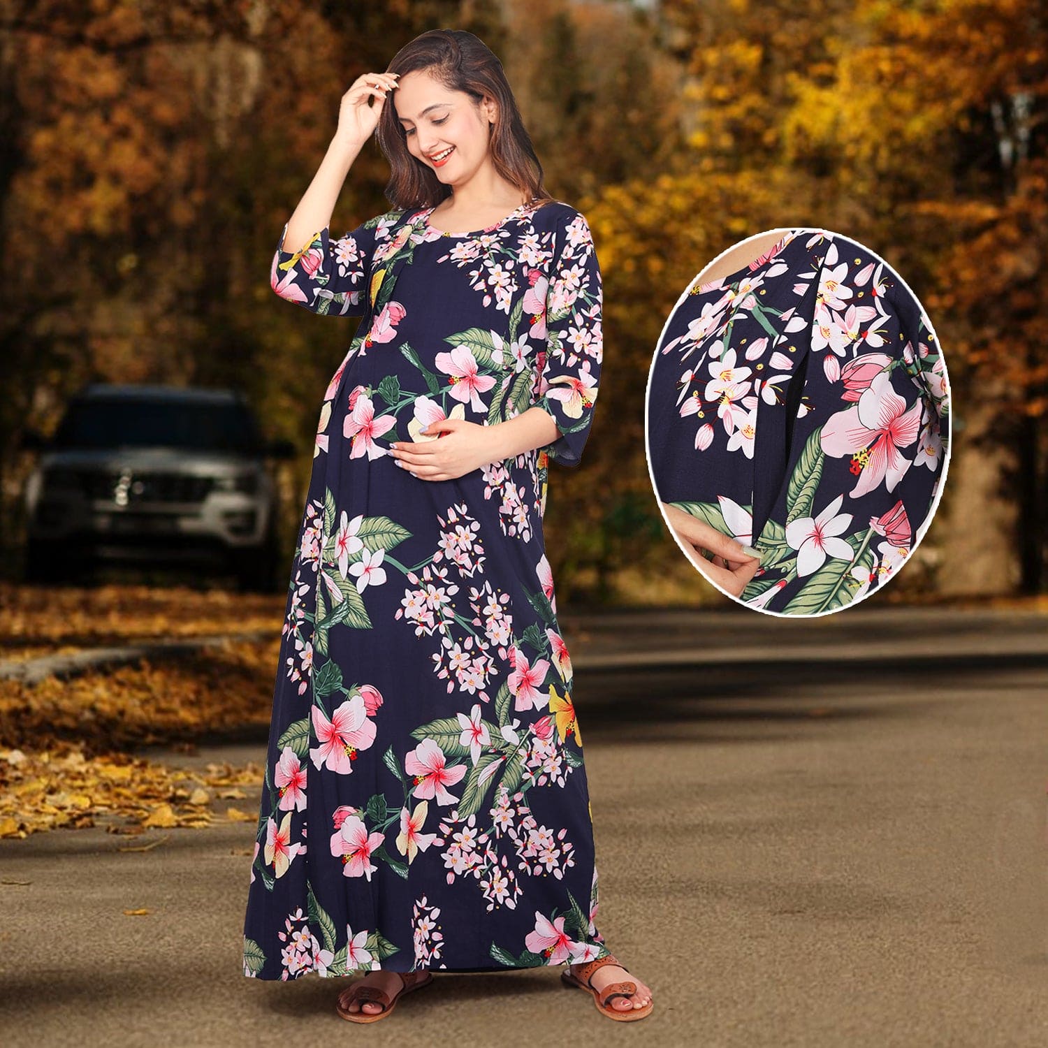 Baby Moo Full Length Comfortable Nursing And Maternity Dress Floral Lily - Blue - Baby Moo