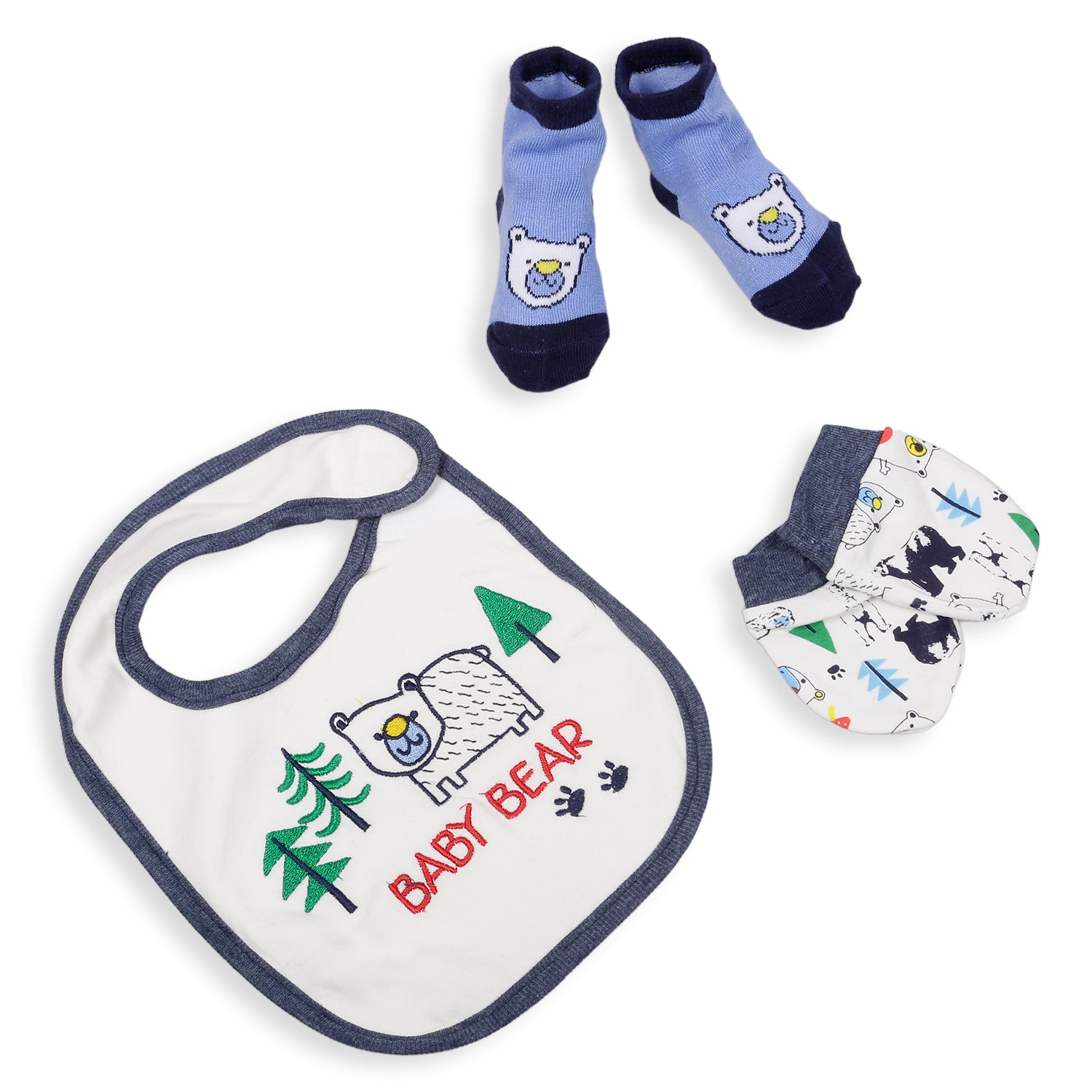 Feeding Bibs Socks And Mittens Set Of 3 Bear Printed Blue - Baby Moo