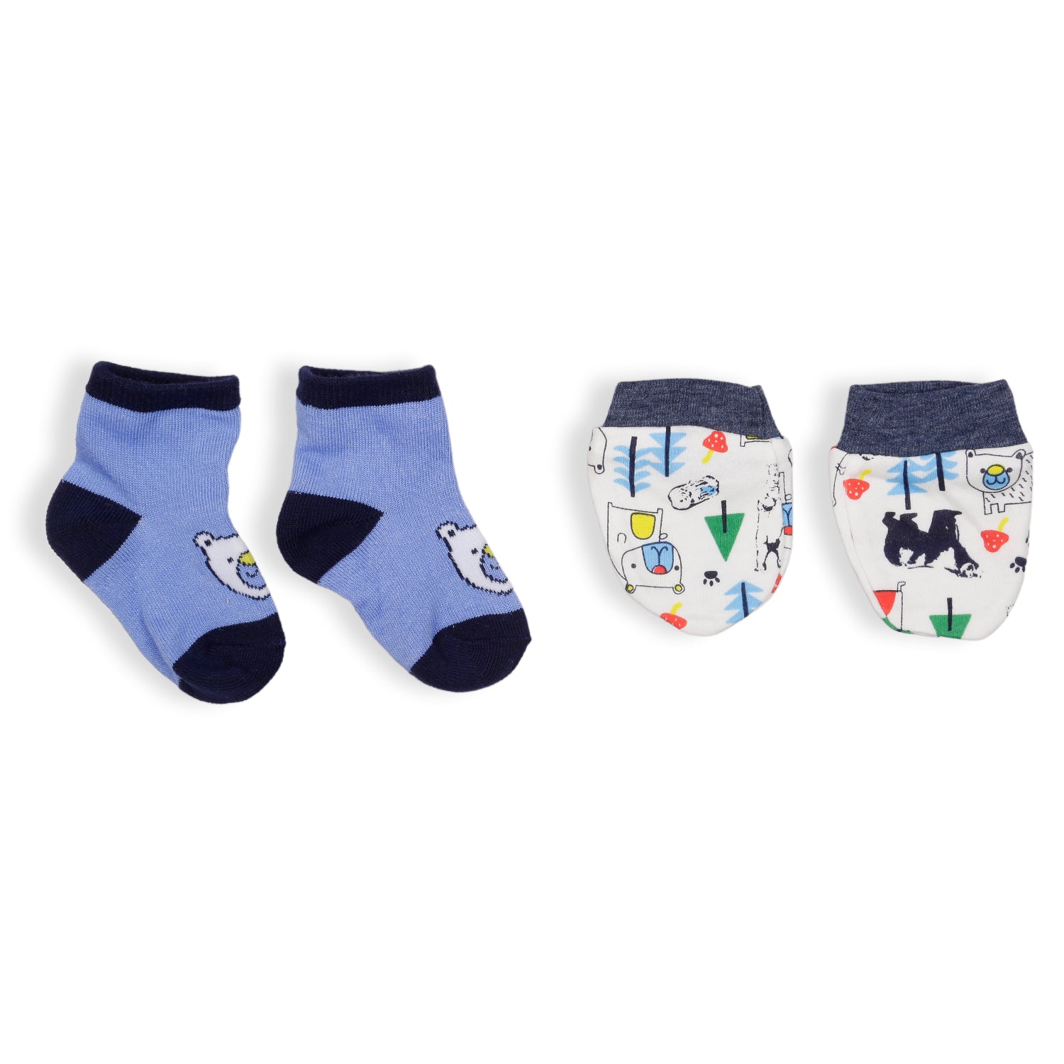 Feeding Bibs Socks And Mittens Set Of 3 Bear Printed Blue - Baby Moo