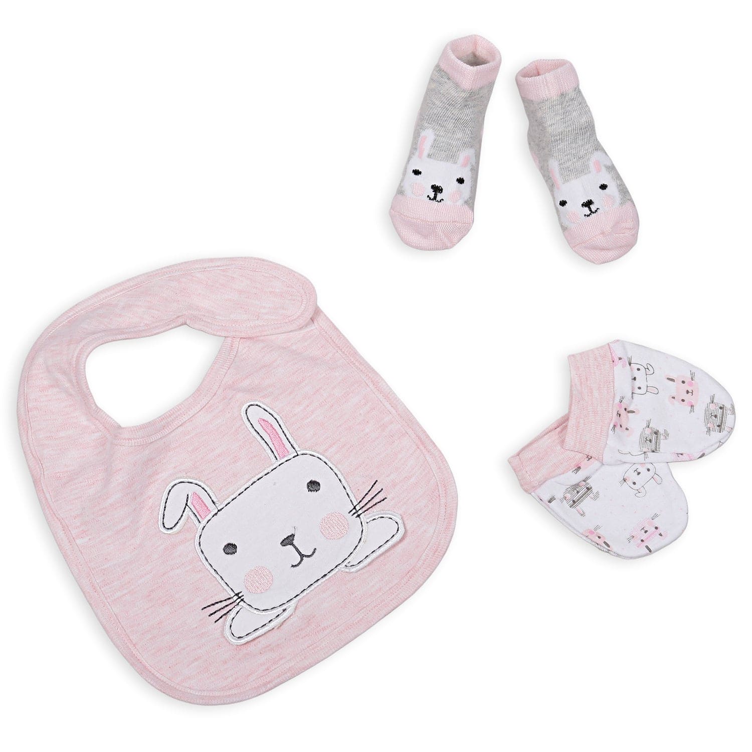 Feeding Bibs Socks And Mittens Set Of 3 Rabbit Printed Peach - Baby Moo