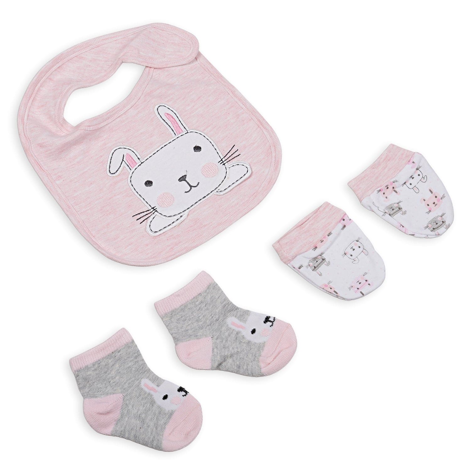 Feeding Bibs Socks And Mittens Set Of 3 Rabbit Printed Peach - Baby Moo