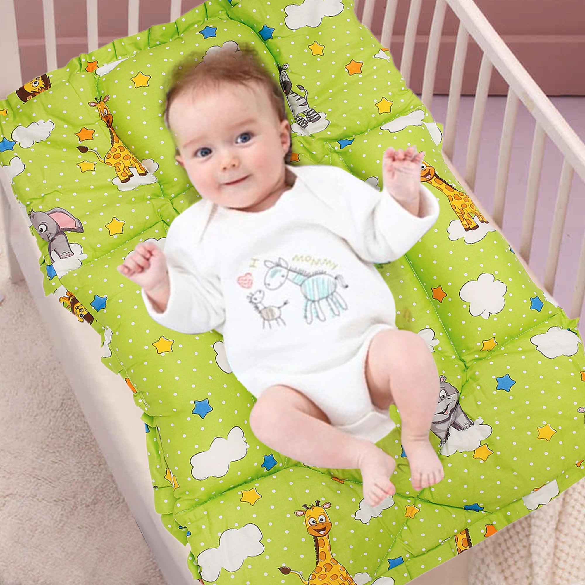 Mattress With Fixed Neck Pillow And Bolsters Fun In The Jungle Green