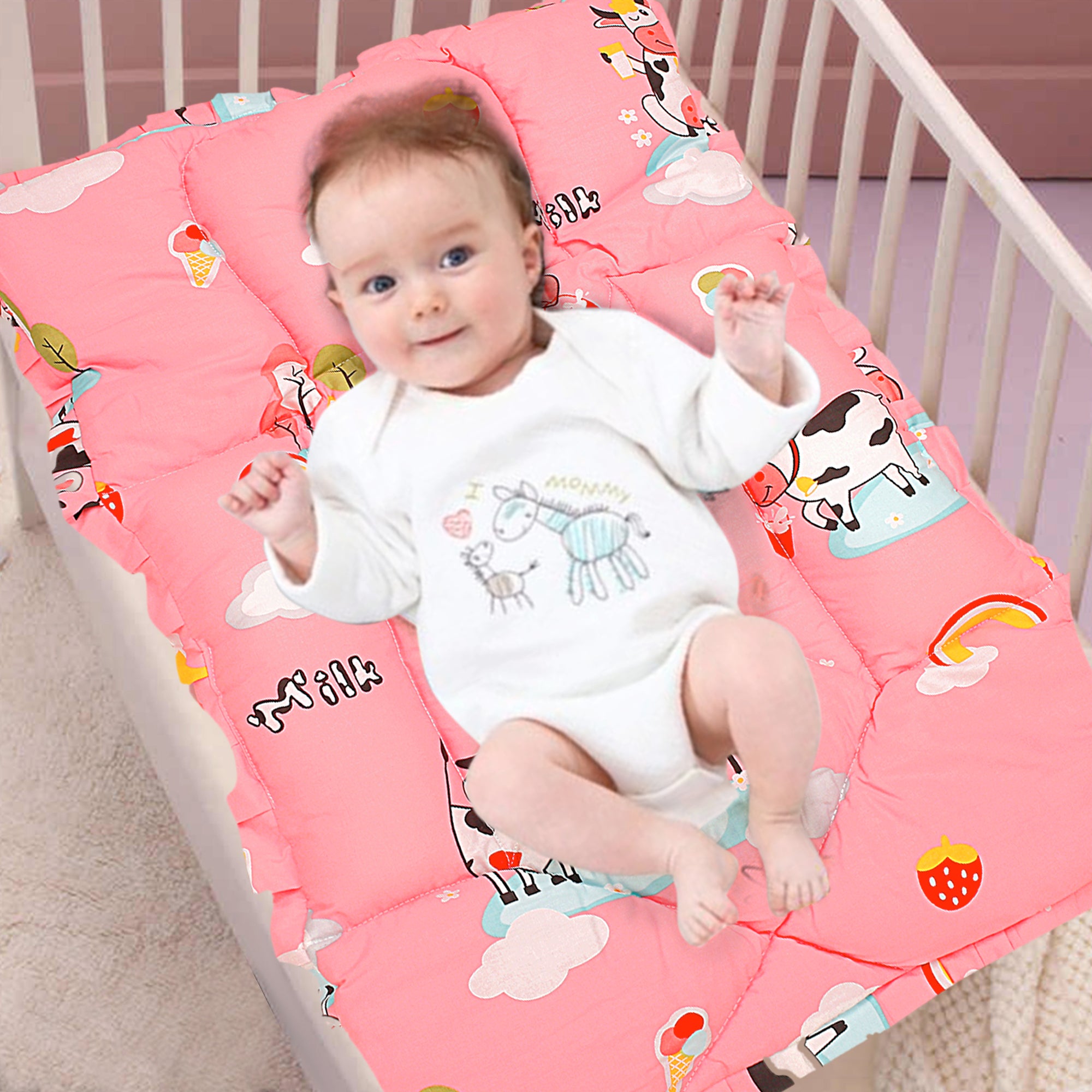 Mattress With Fixed Neck Pillow And Bolsters Milkaholic Peach - Baby Moo