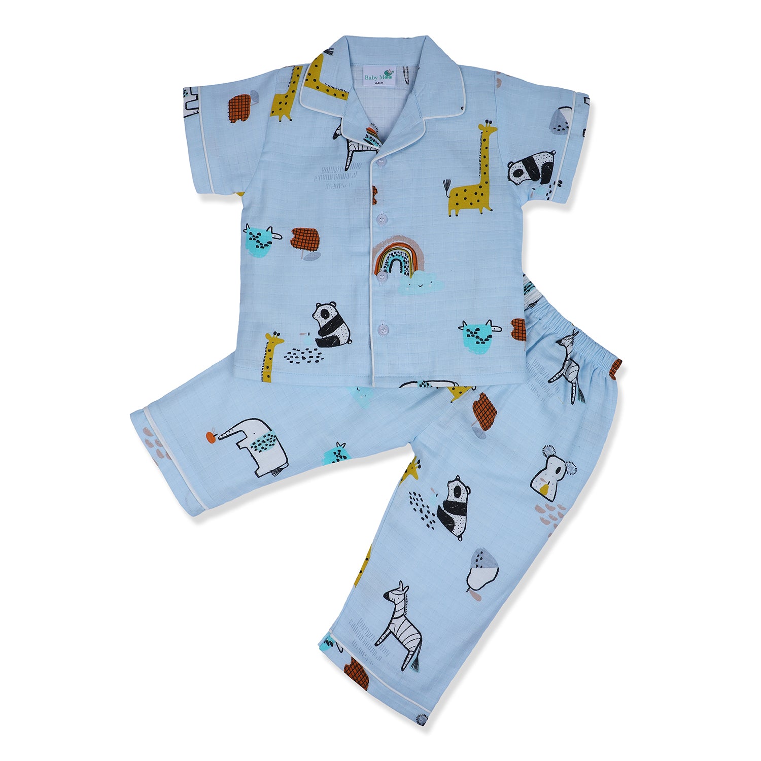 Baby Moo Rainbow With Animals Half Sleeves Muslin Shirt And Pyjama Night Suit - Blue
