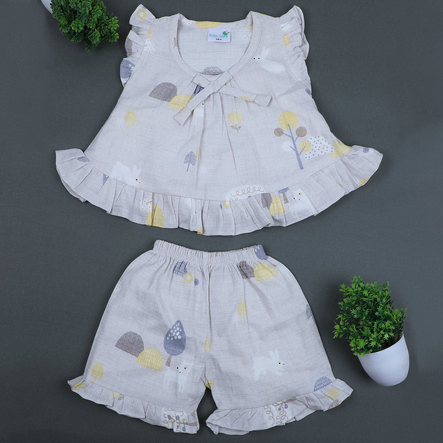 Baby Moo Nature Lover Muslin Frilly Top And Shorts Co-ord Set - Grey