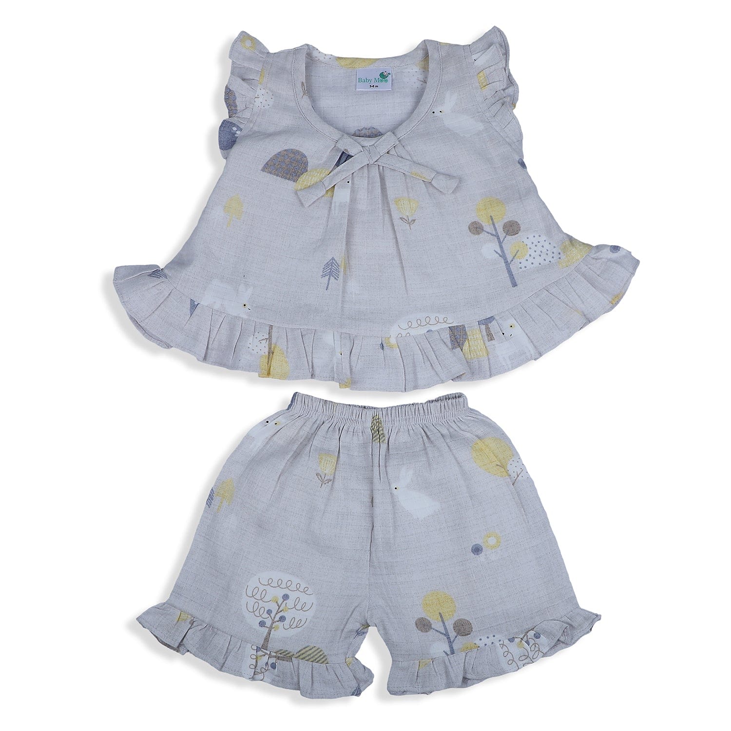 Baby Moo Nature Lover Muslin Frilly Top And Shorts Co-ord Set - Grey - Baby Moo
