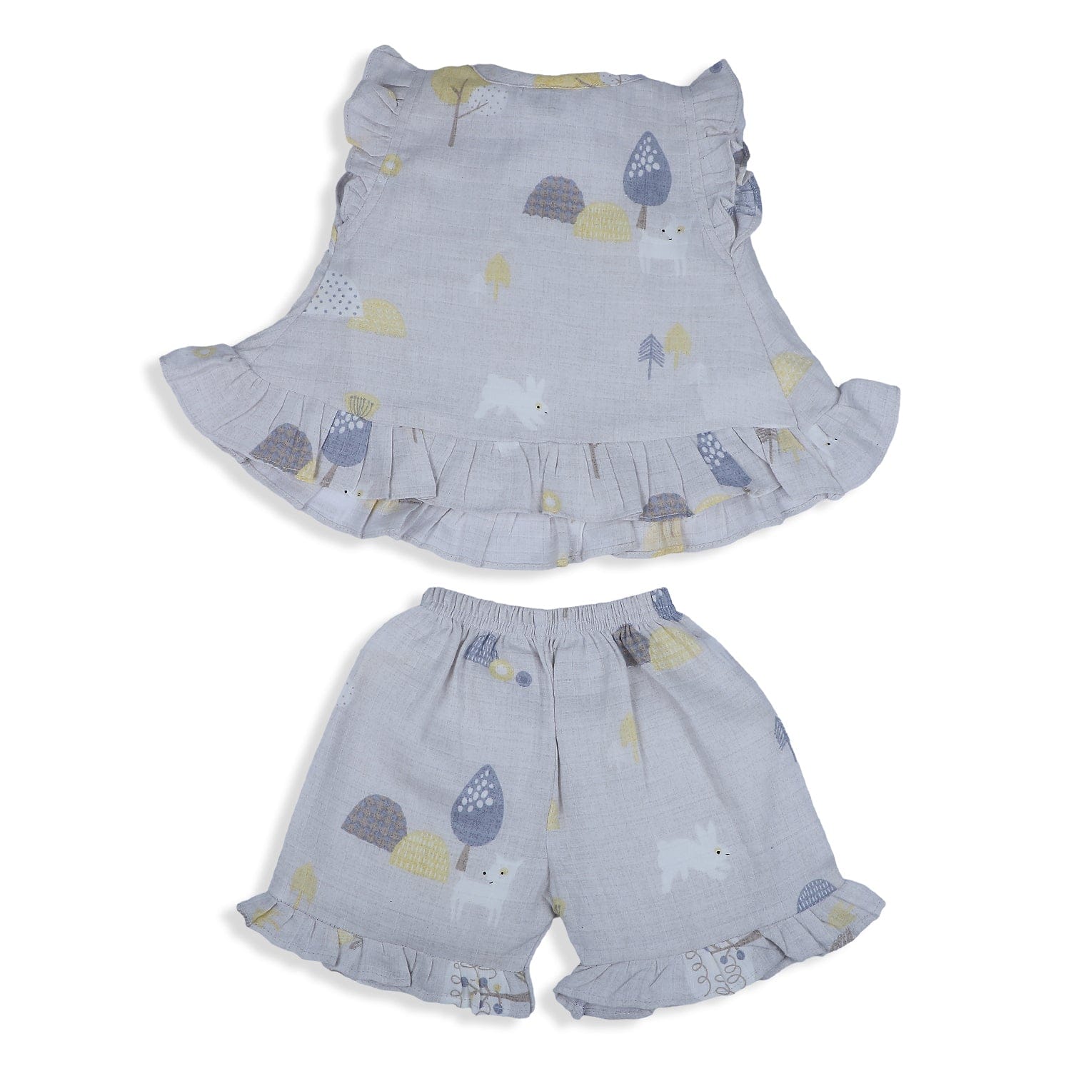 Baby Moo Nature Lover Muslin Frilly Top And Shorts Co-ord Set - Grey - Baby Moo