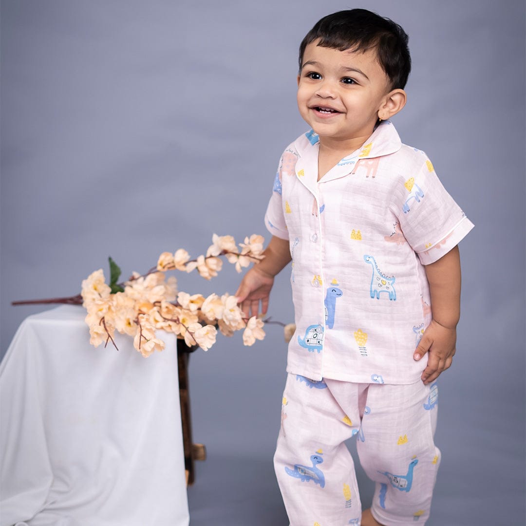 Baby Moo Dino Discovery Half Sleeves Muslin Shirt And Pyjama Night Suit - Pink