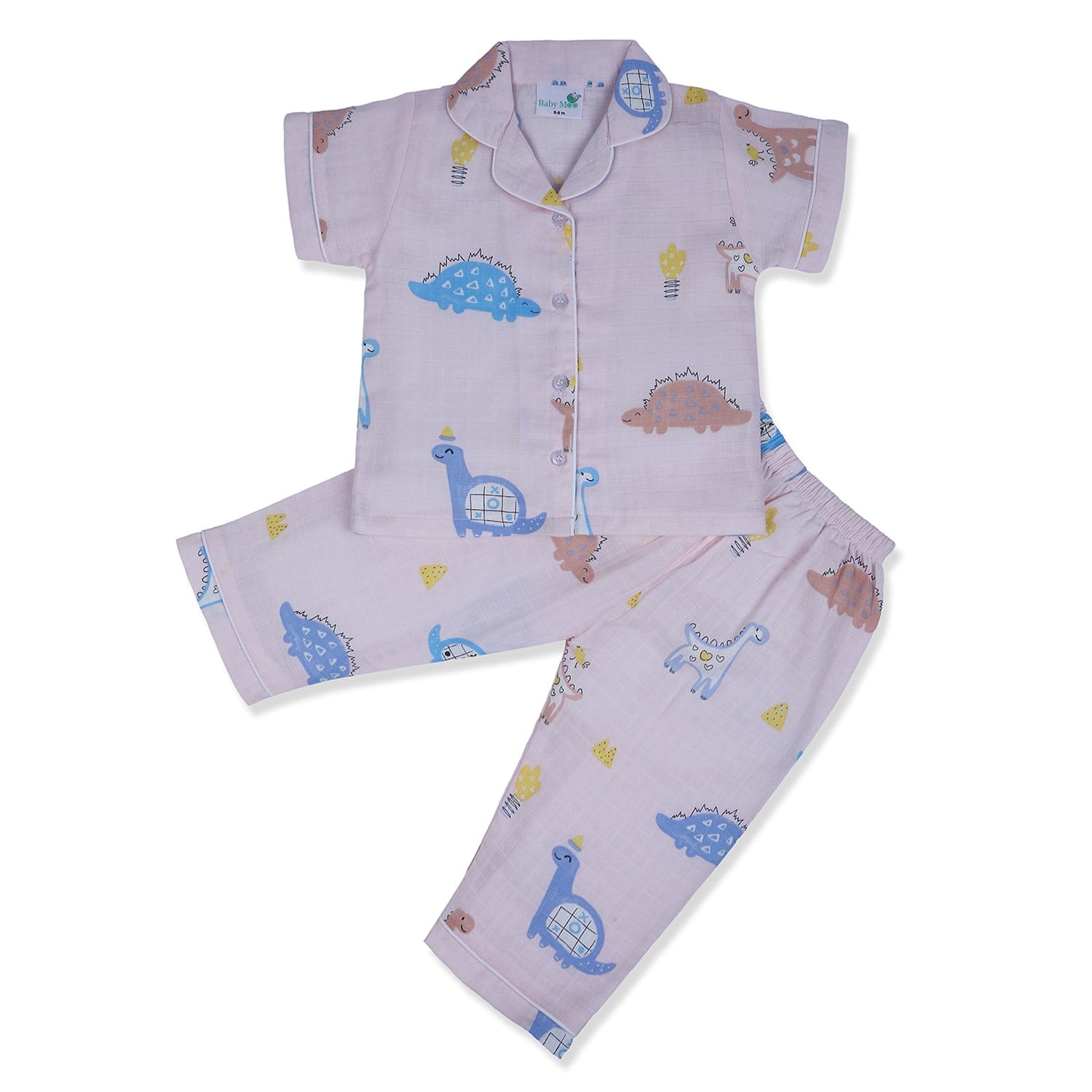 Baby Moo Dino Discovery Half Sleeves Muslin Shirt And Pyjama Night Suit - Pink
