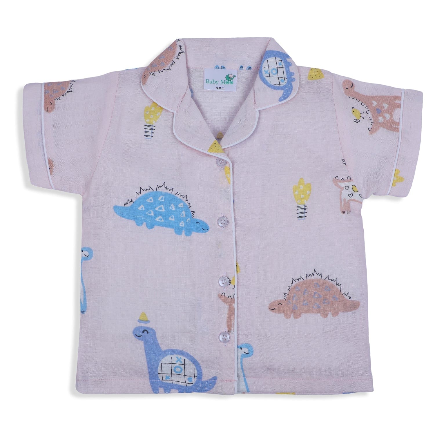 Baby Moo Dino Discovery Half Sleeves Muslin Shirt And Pyjama Night Suit - Pink - Baby Moo