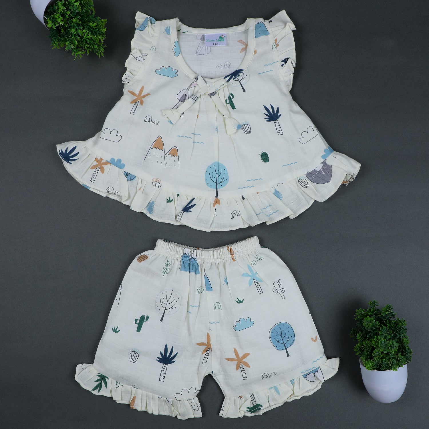Baby Moo Sunny Desert Muslin Frilly Top And Shorts Co-ord Set - Cream