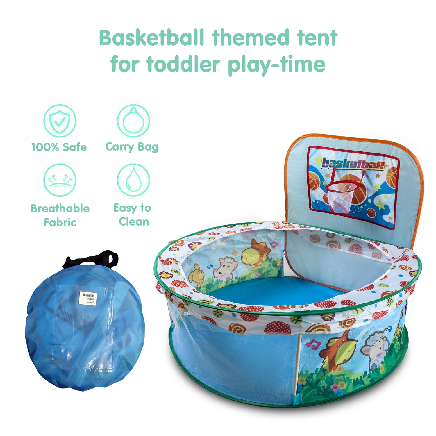 Playtime Foldable Ball Pit Basketball  Animal Theme - Blue - Baby Moo
