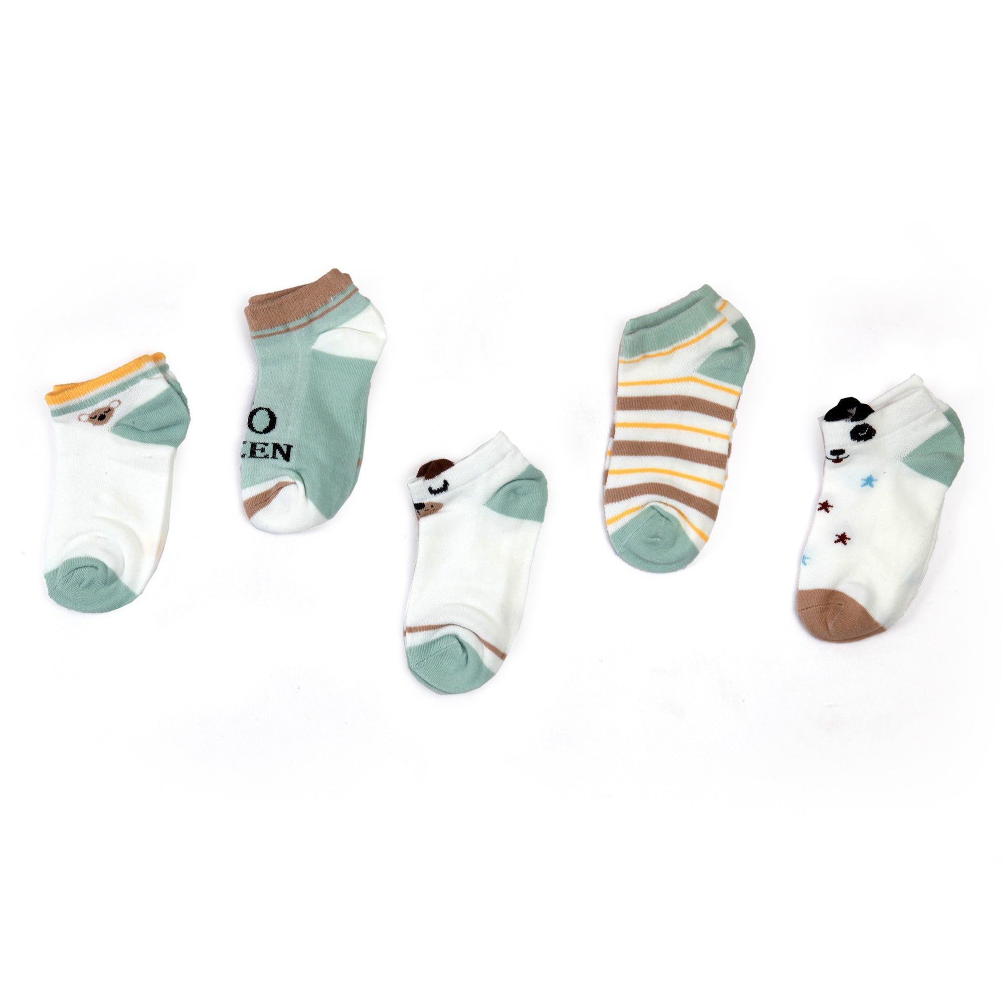 Printed White And Mint And Brown 5 Pk Socks - Baby Moo