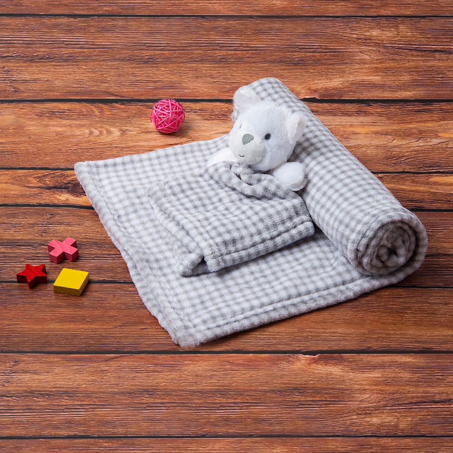 Bear Checked Soft Cozy Plush Toy Blanket Grey - Baby Moo