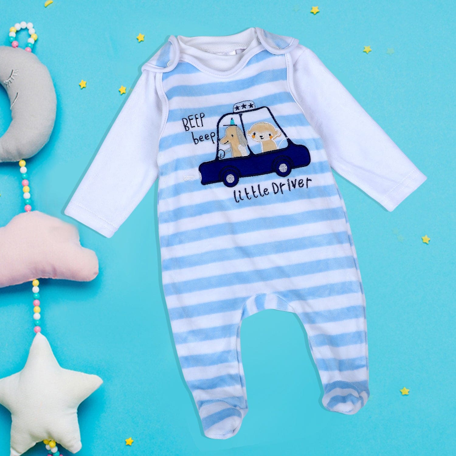 Little Driver Infant 2 Piece Full Sleeves Tshirt And Romper Set - Blue - Baby Moo