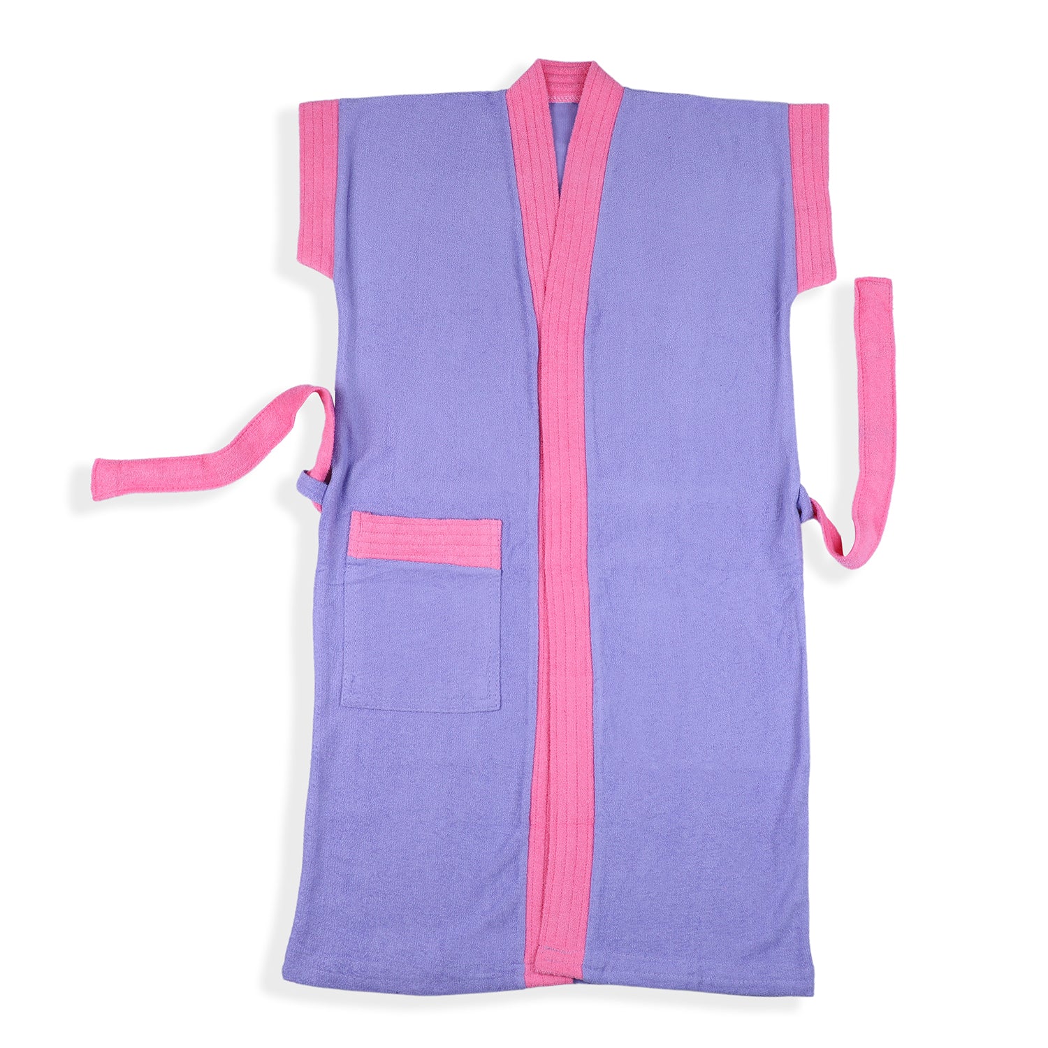 Solid With Piping Kids Half Sleeves Pocket with Waist Belt Bathrobe - Purple - Baby Moo