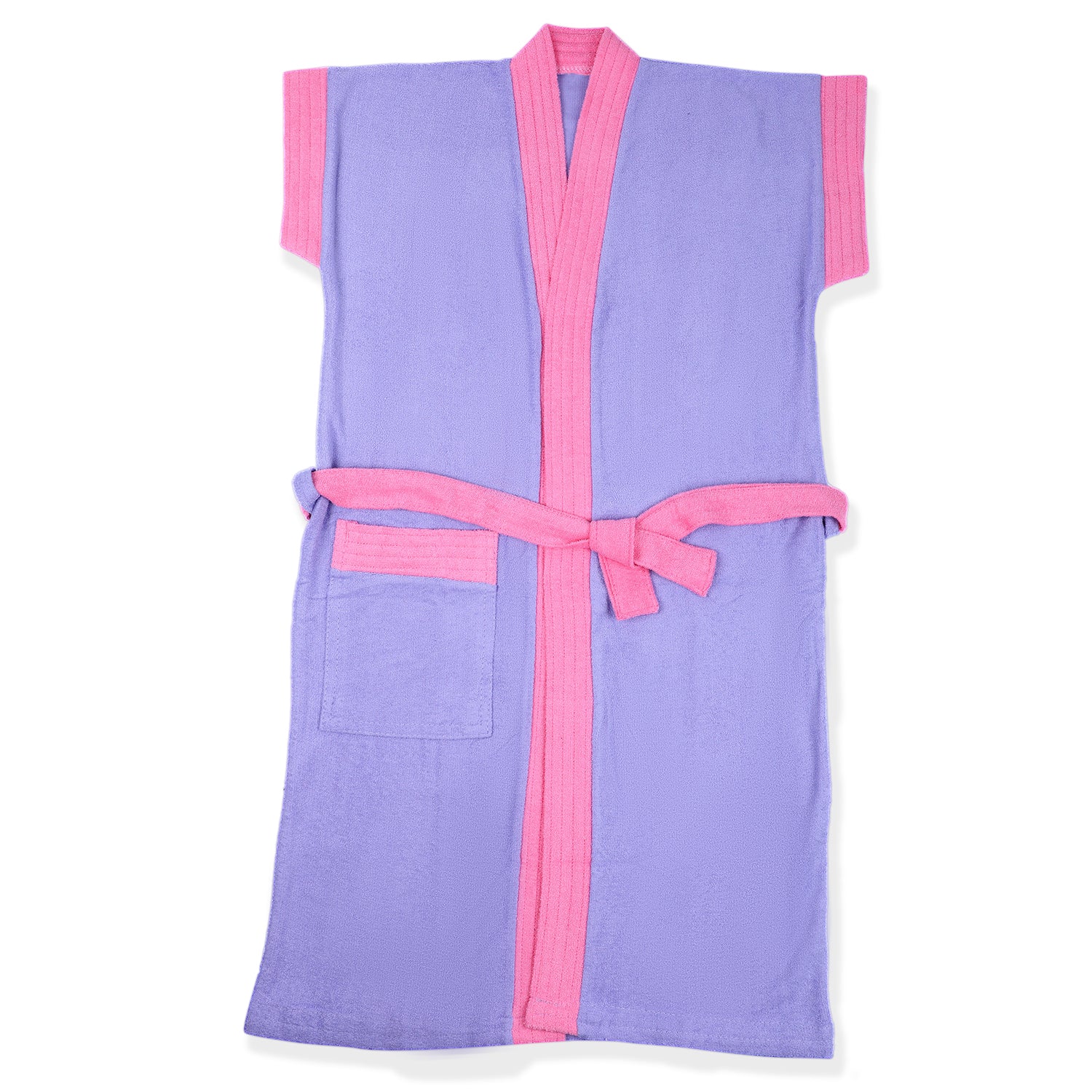 Solid With Piping Kids Half Sleeves Pocket with Waist Belt Bathrobe - Purple - Baby Moo
