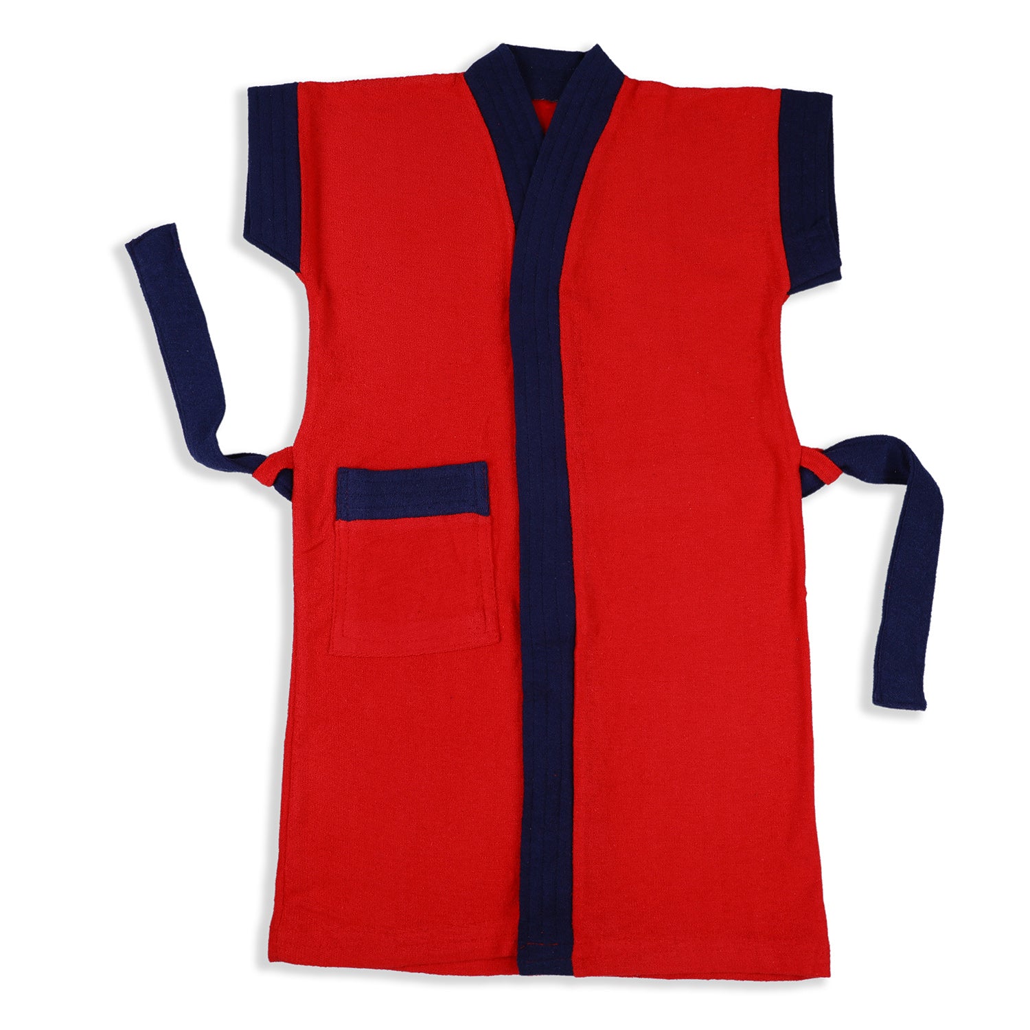 Solid With Piping Toddler Half Sleeves Pocket with Waist Belt Bathrobe - Red