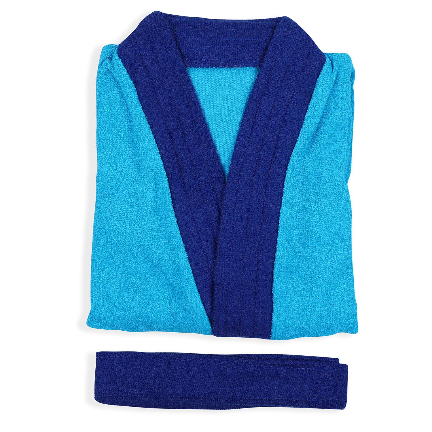 Solid With Piping Toddler Half Sleeves Pocket with Waist Belt Bathrobe - Blue