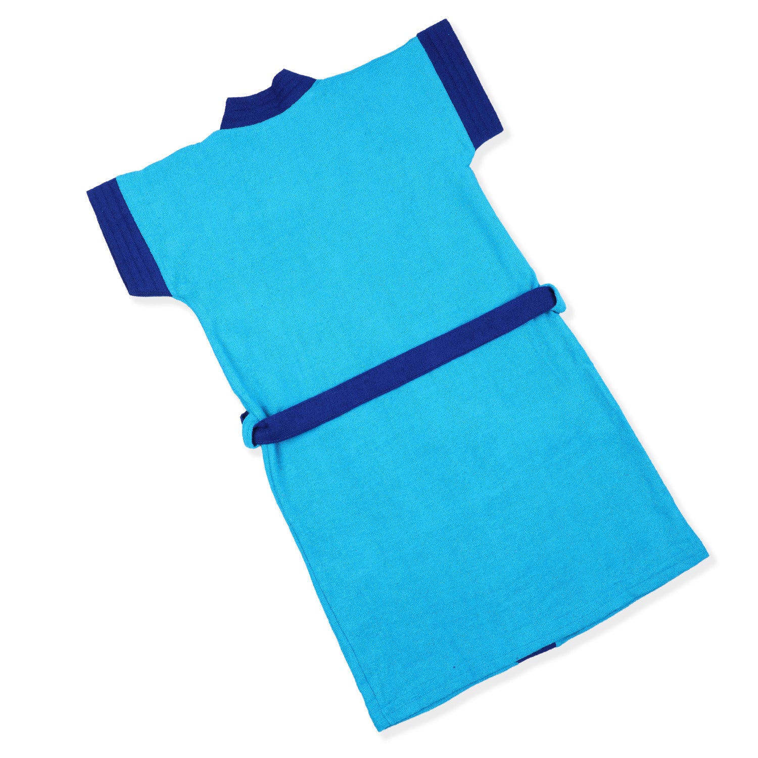 Solid With Piping Toddler Half Sleeves Pocket with Waist Belt Bathrobe - Blue - Baby Moo