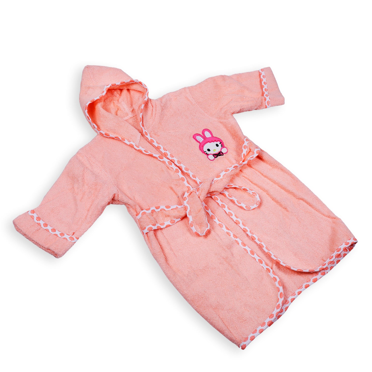 Kitty Embroidery Cotton Hooded Full Sleeves Bathrobe - Peach - Baby Moo