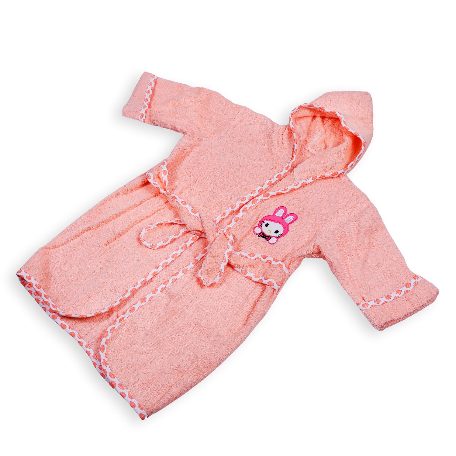 Kitty Embroidery Cotton Hooded Full Sleeves Bathrobe - Peach - Baby Moo