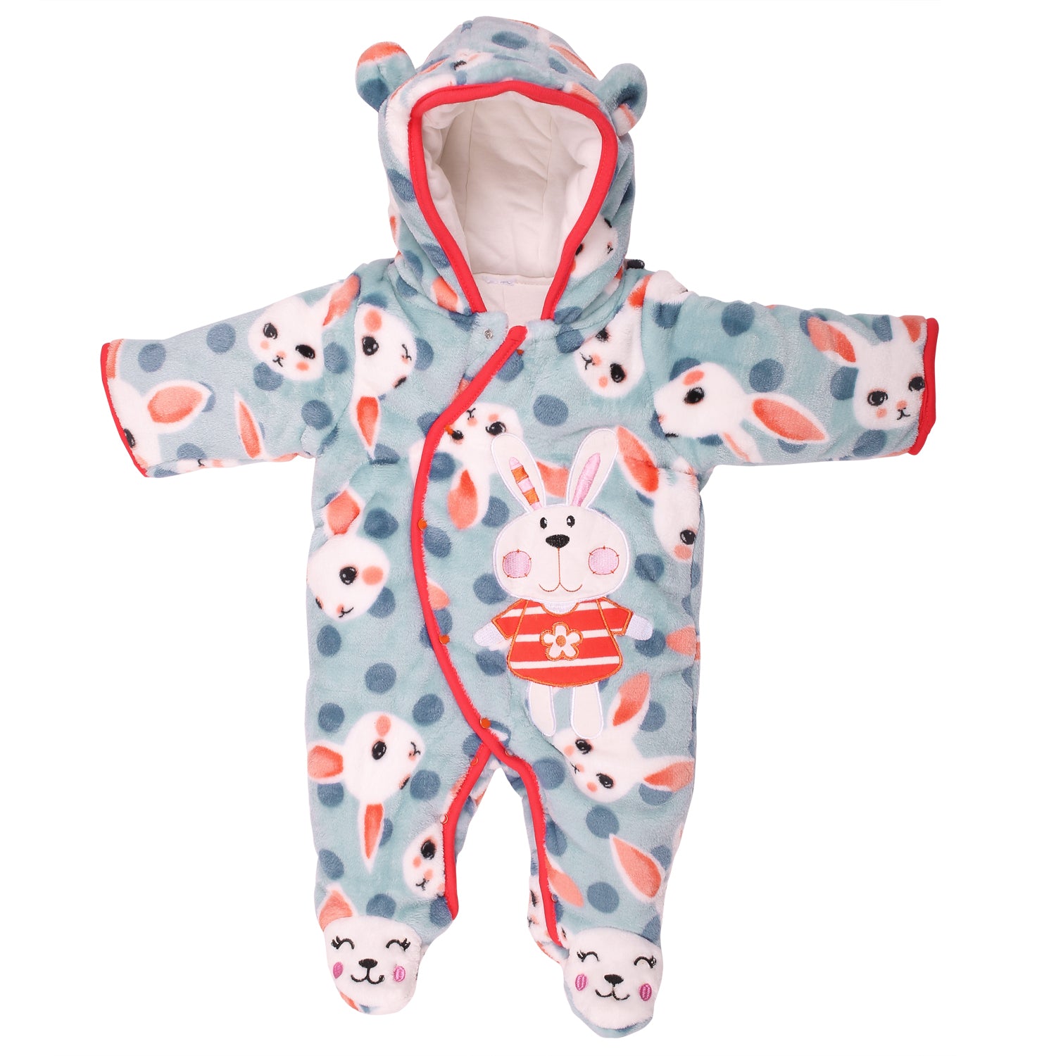 Fuzzy Bunny Blue Winter Quilted Hooded Romper