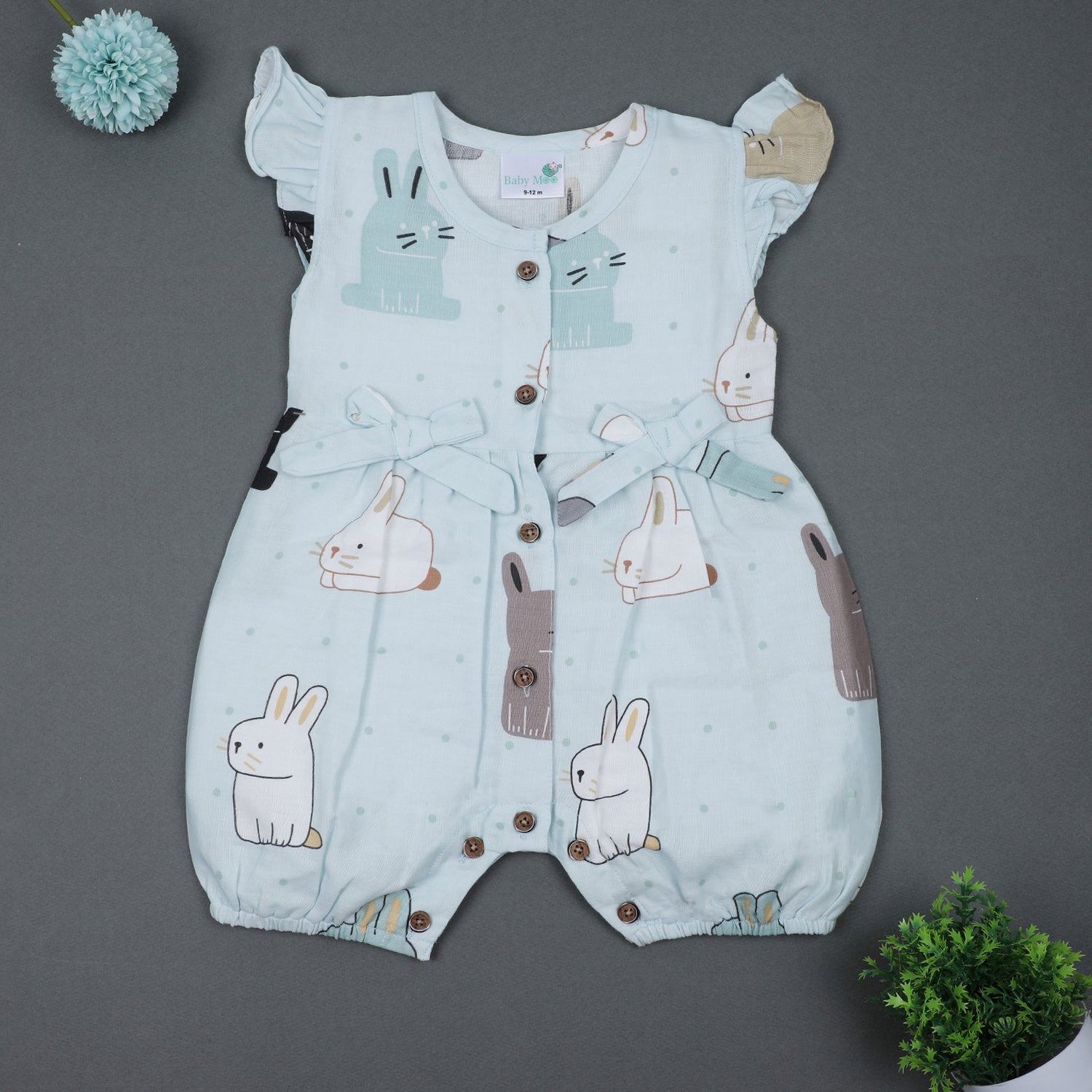 Baby Moo Cutie Bunny With Bows Sleeveless Buttoned Muslin Romper - Blue - Baby Moo