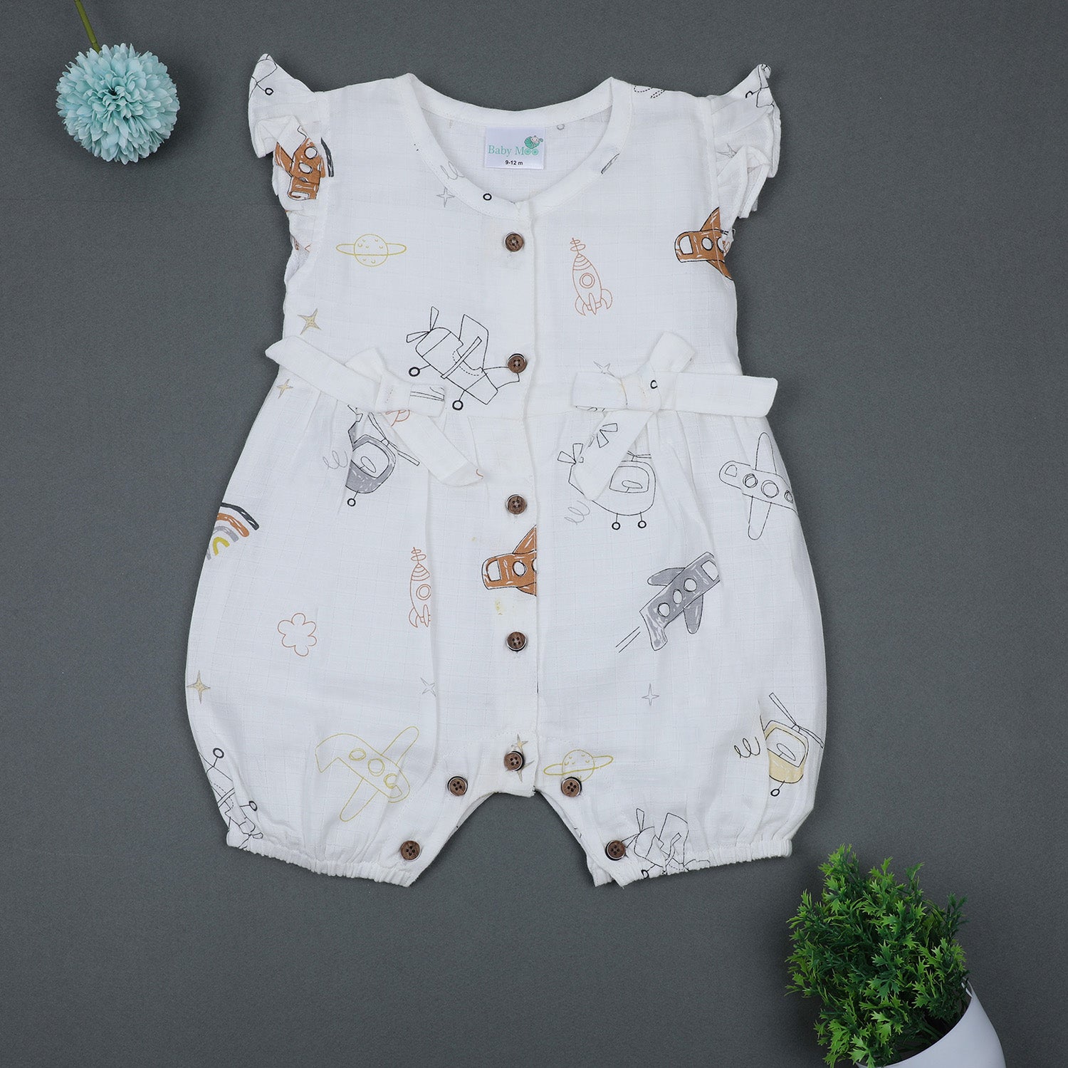 Baby Moo Flying High Bow Detail Sleeveless Buttoned Muslin Romper - White - Baby Moo