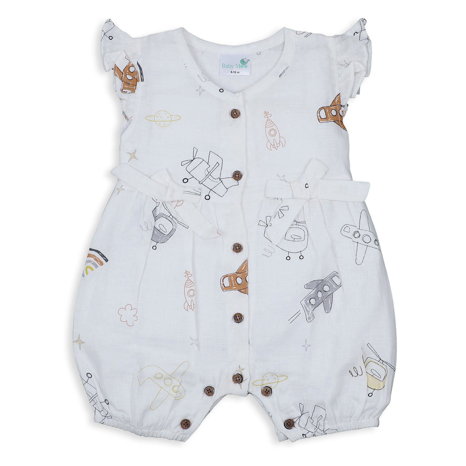 Baby Moo Flying High Bow Detail Sleeveless Buttoned Muslin Romper - White