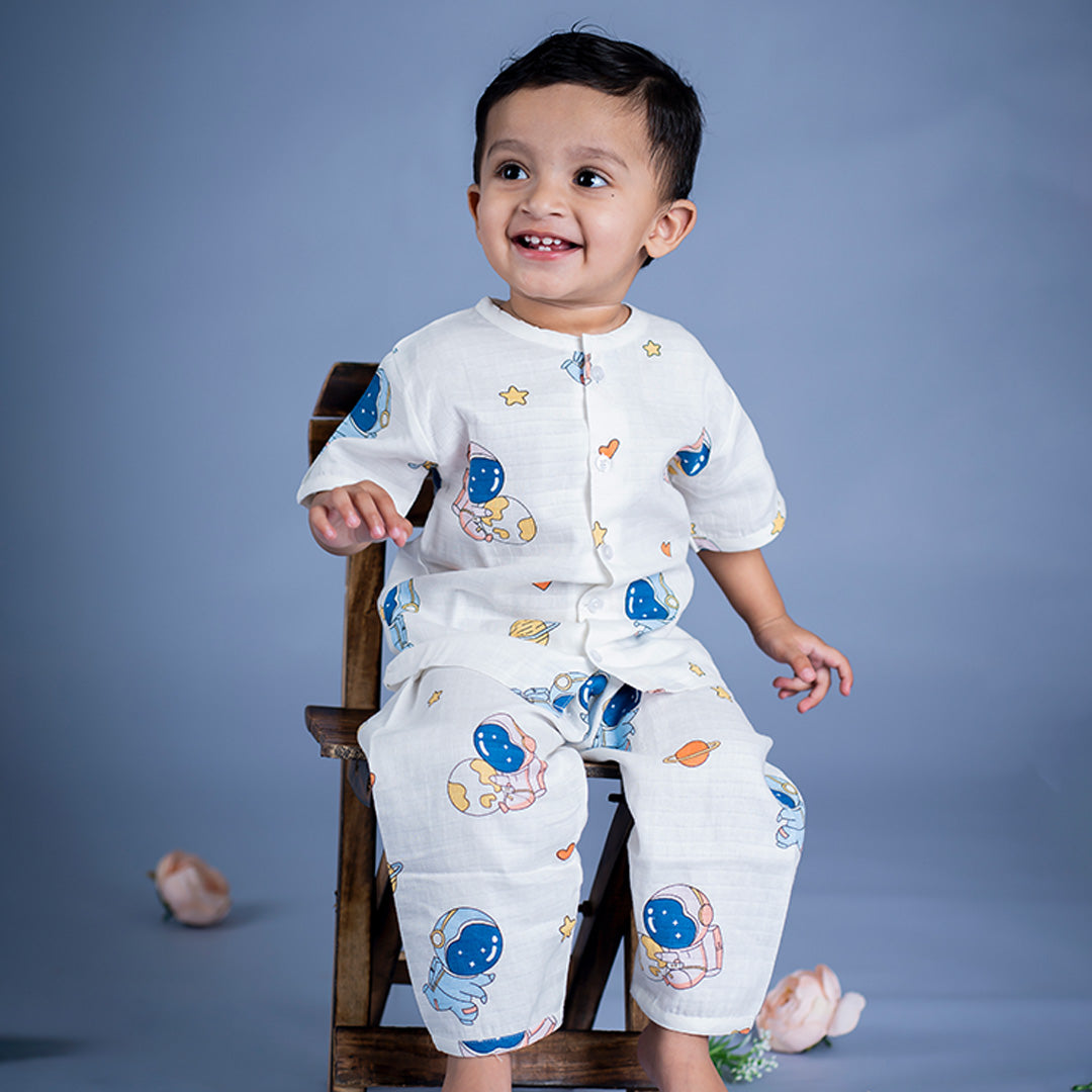 Baby Moo Astronaut In Space Shirt And Pyjama Night Suit - White