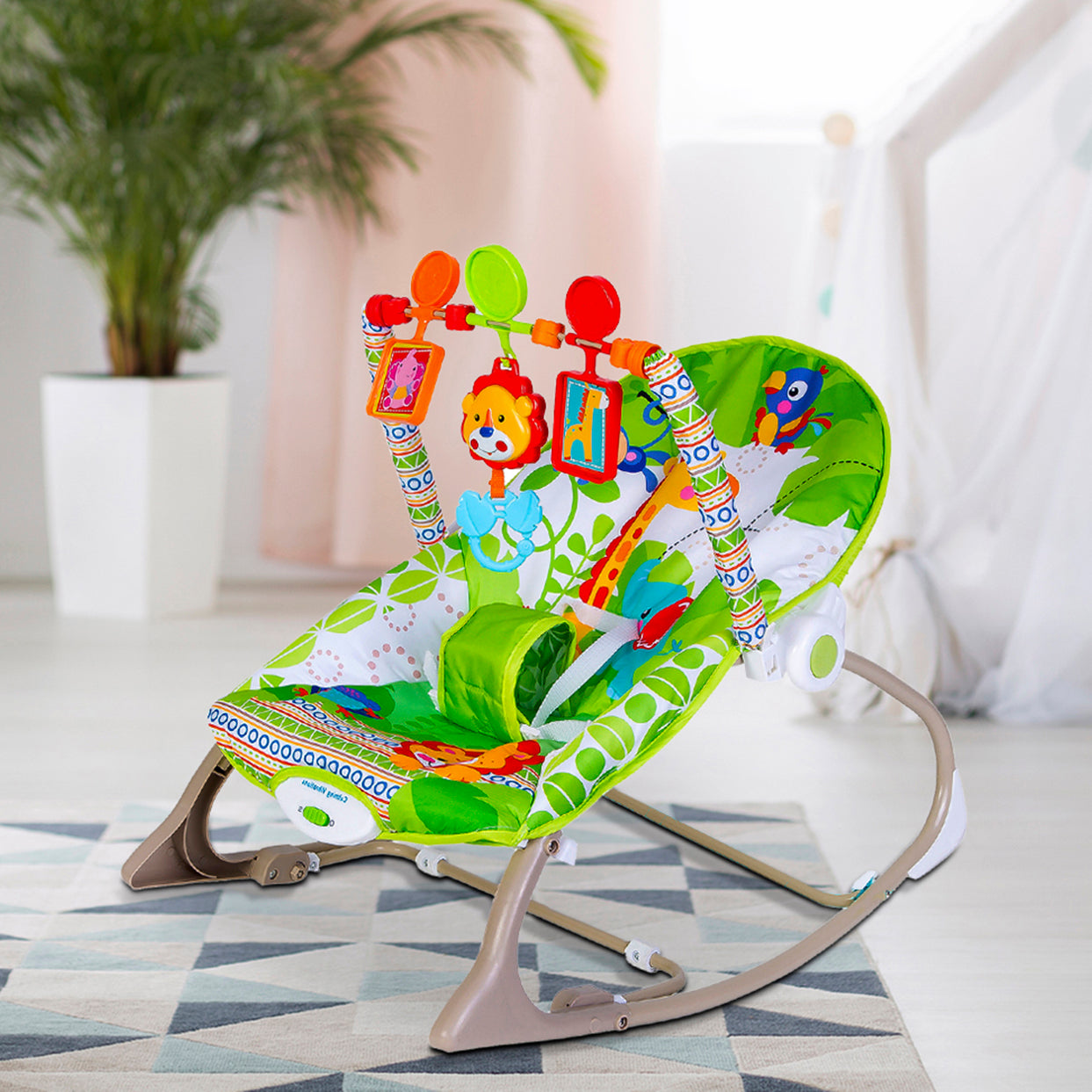 Newborn To Toddler Portable Rocker With Hanging Toys Jungle Green