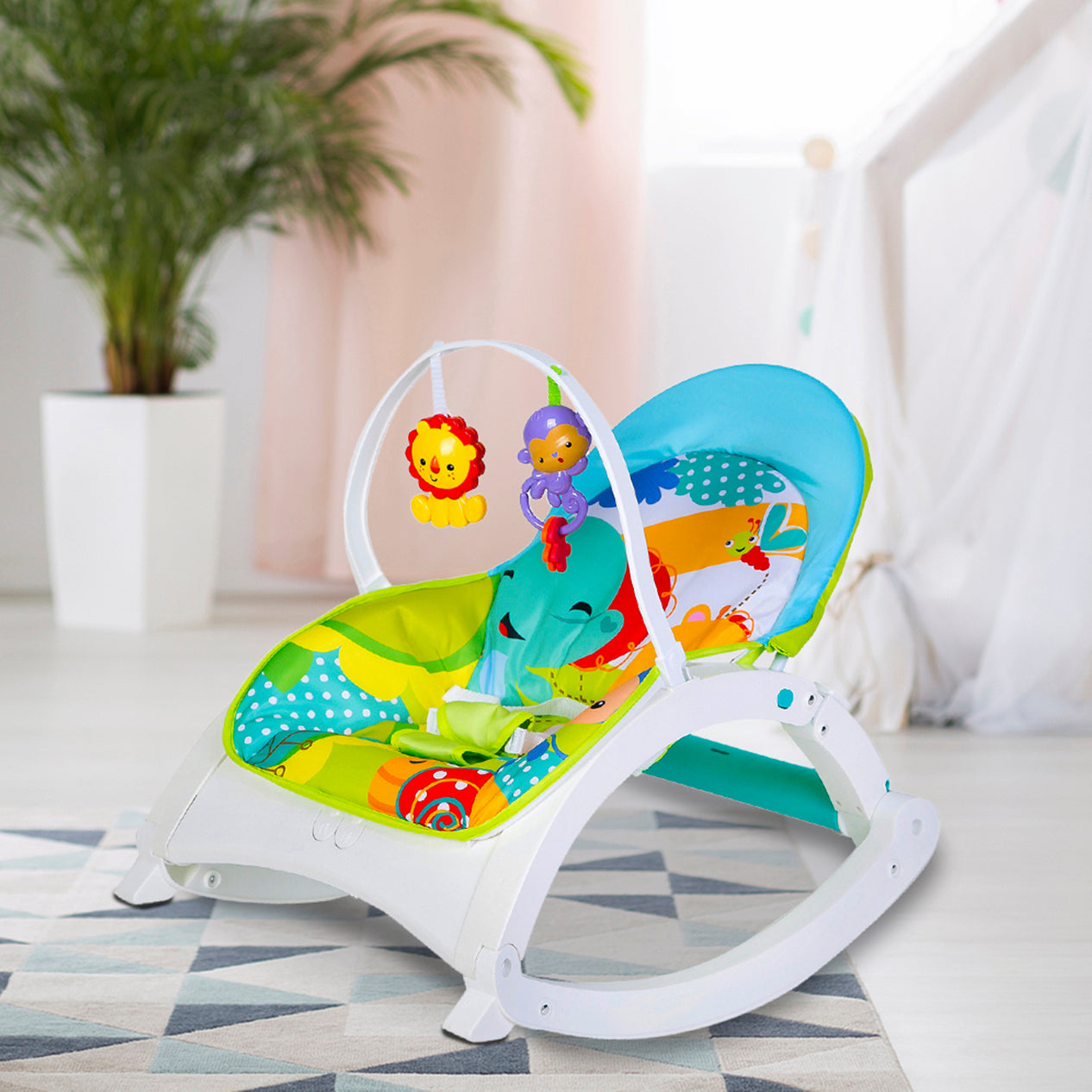 Newborn To Toddler Happy Baby Bouncer With Hanging Toys Green