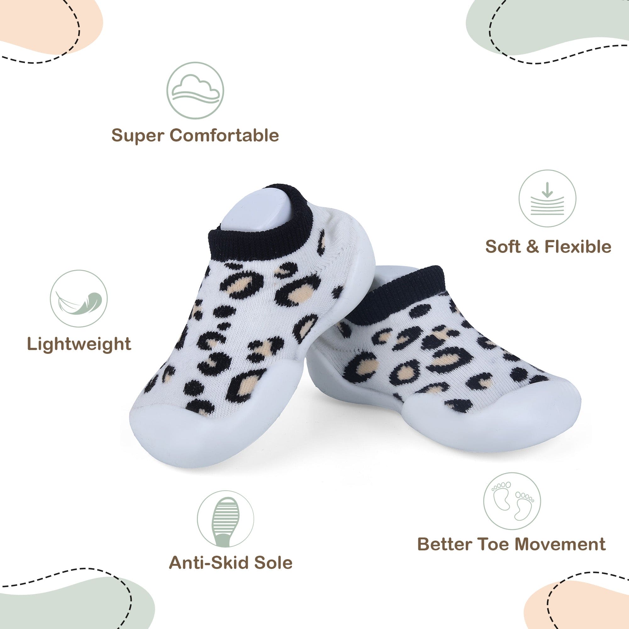 Baby Moo Leopard Print Rubber Comfortable Sole Slip-On Sock Shoes - White - Baby Moo