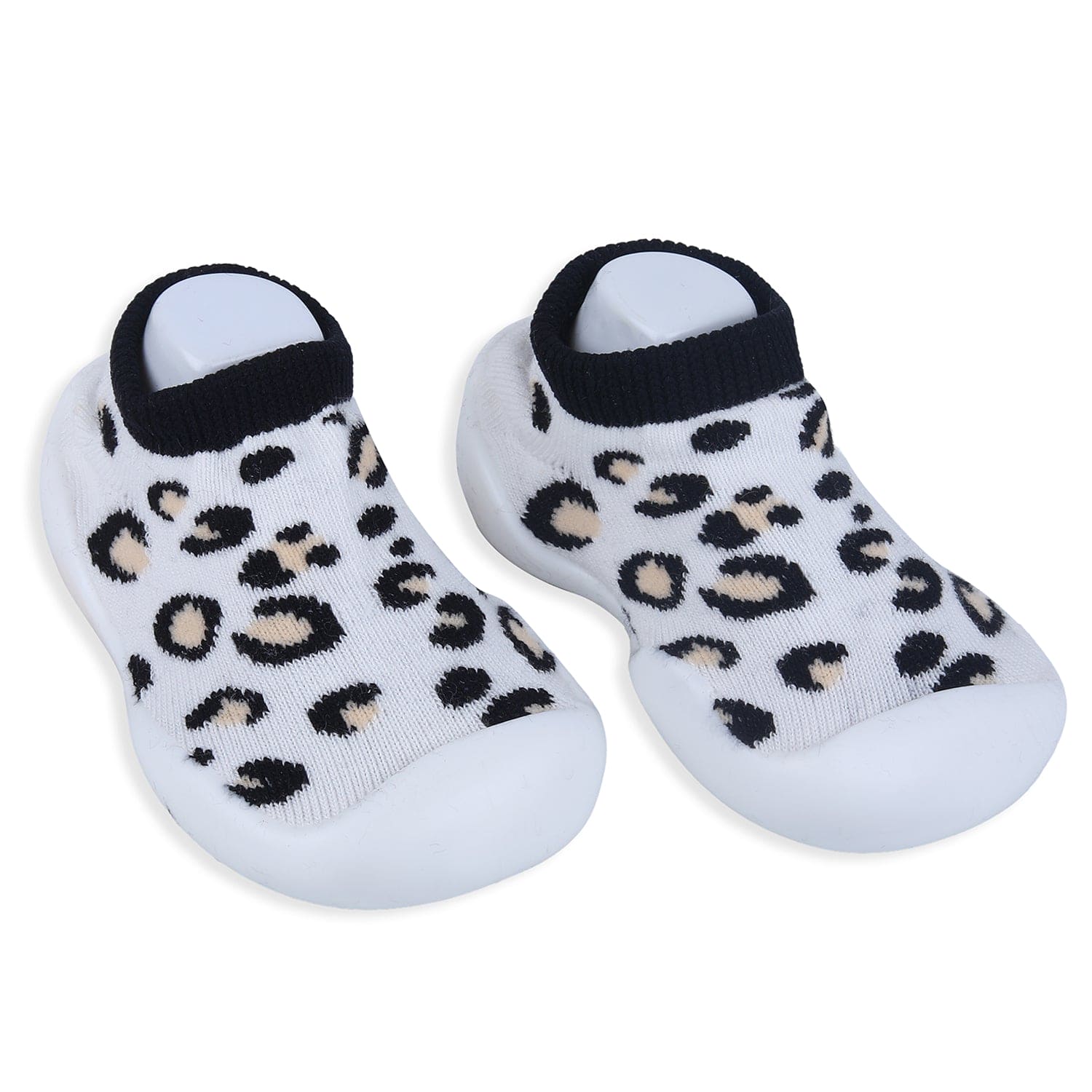 Baby Moo Leopard Print Rubber Comfortable Sole Slip-On Sock Shoes - White - Baby Moo