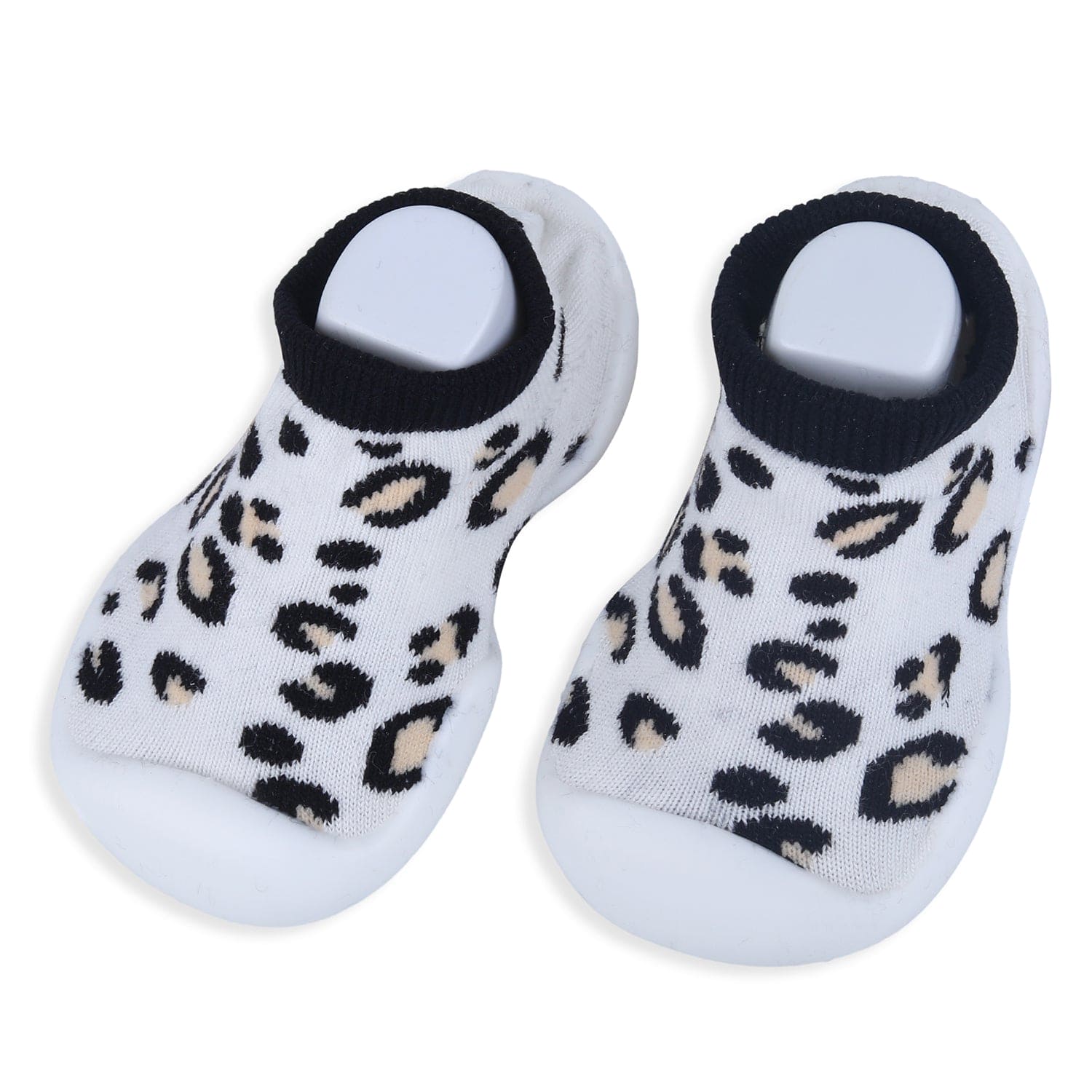 Baby Moo Leopard Print Rubber Comfortable Sole Slip-On Sock Shoes - White - Baby Moo