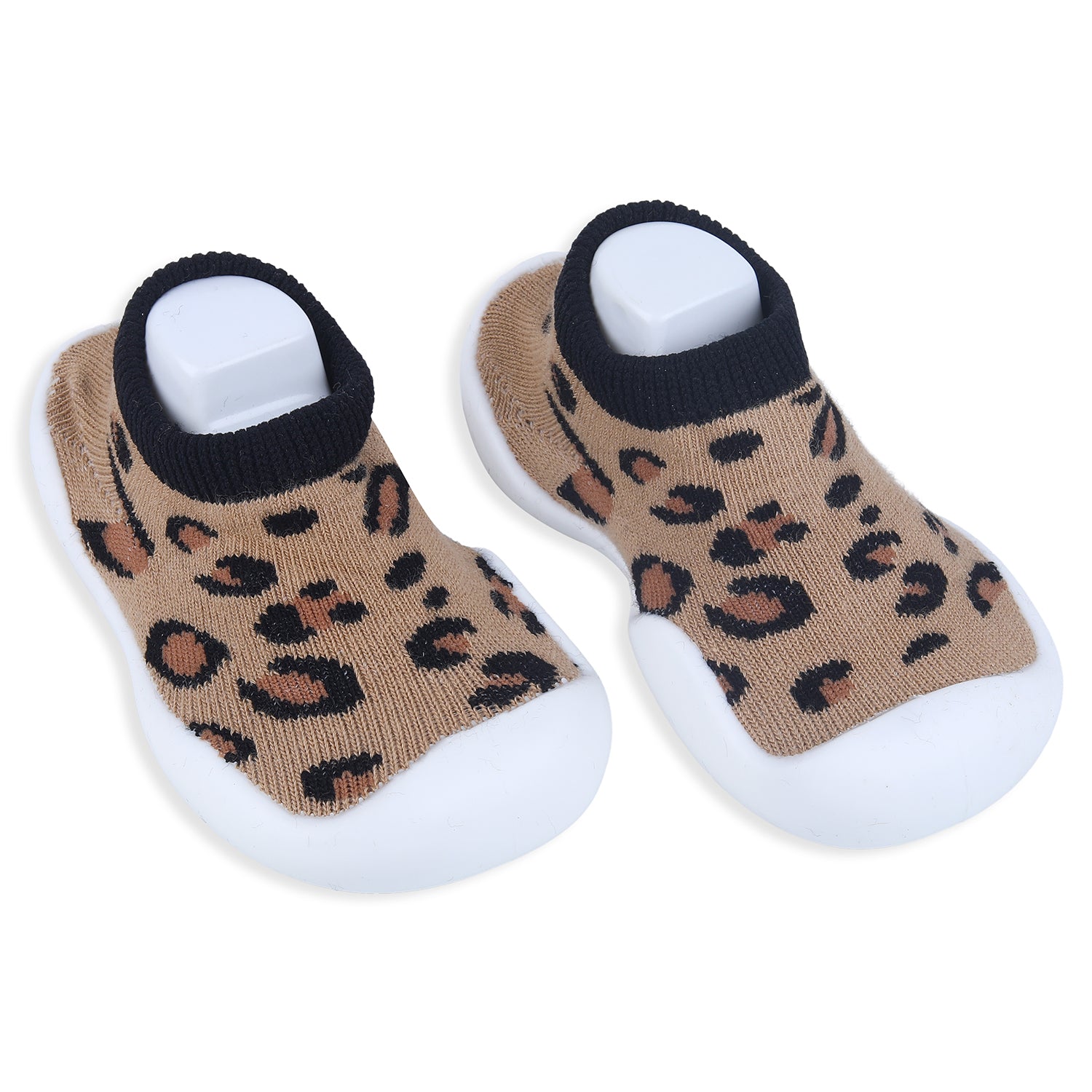 Baby Moo Leopard Print Rubber Comfortable Sole Slip-On Sock Shoes - Brown