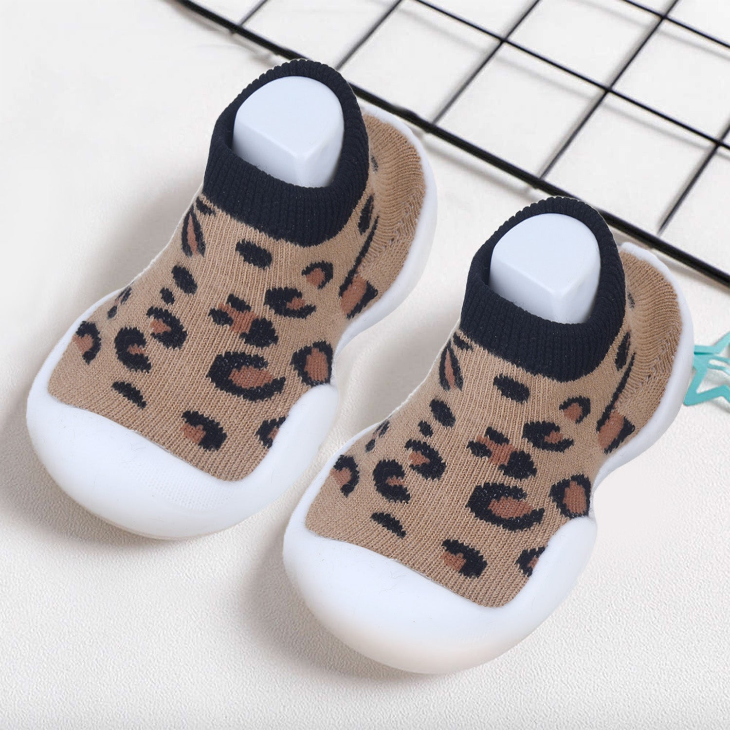Baby Moo Leopard Print Rubber Comfortable Sole Slip-On Sock Shoes - Brown - Baby Moo