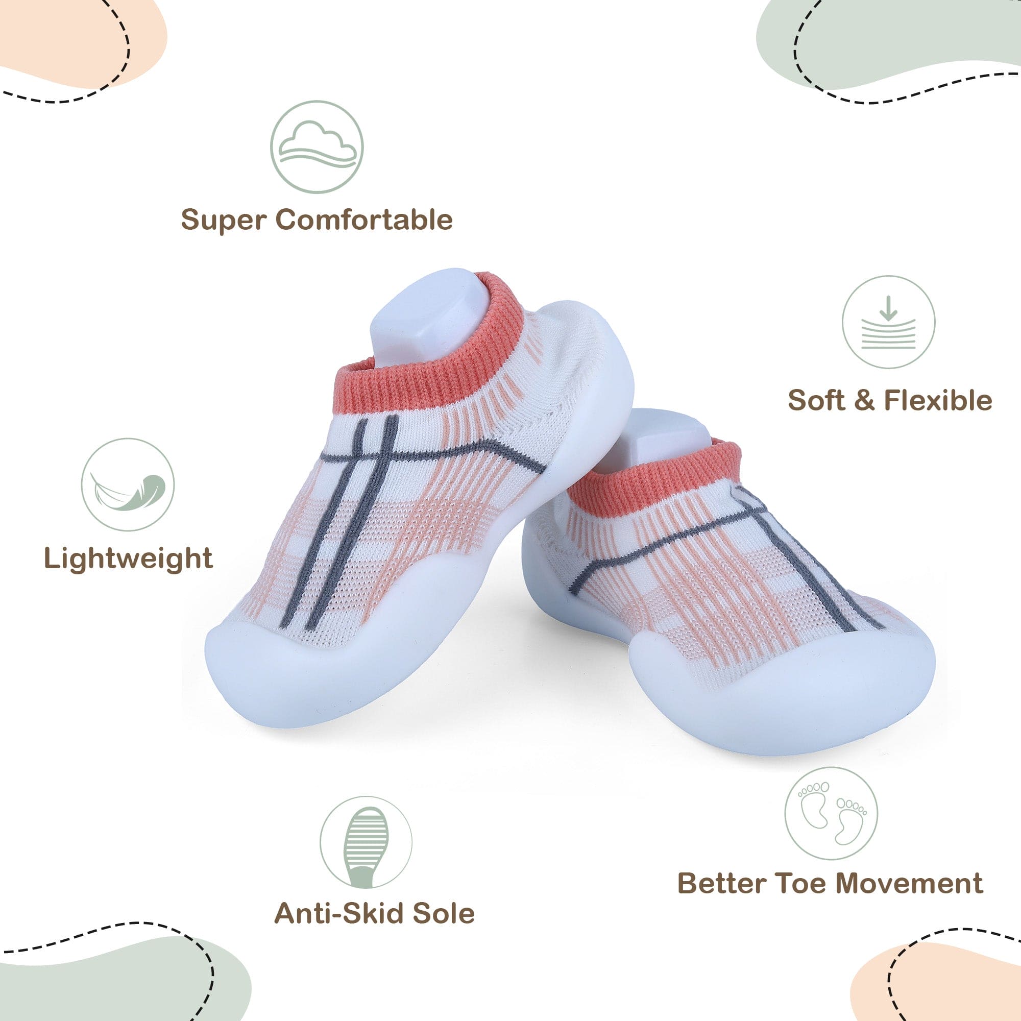 Baby Moo Checked Rubber Comfortable Sole Slip-On Sock Shoes - Peach - Baby Moo