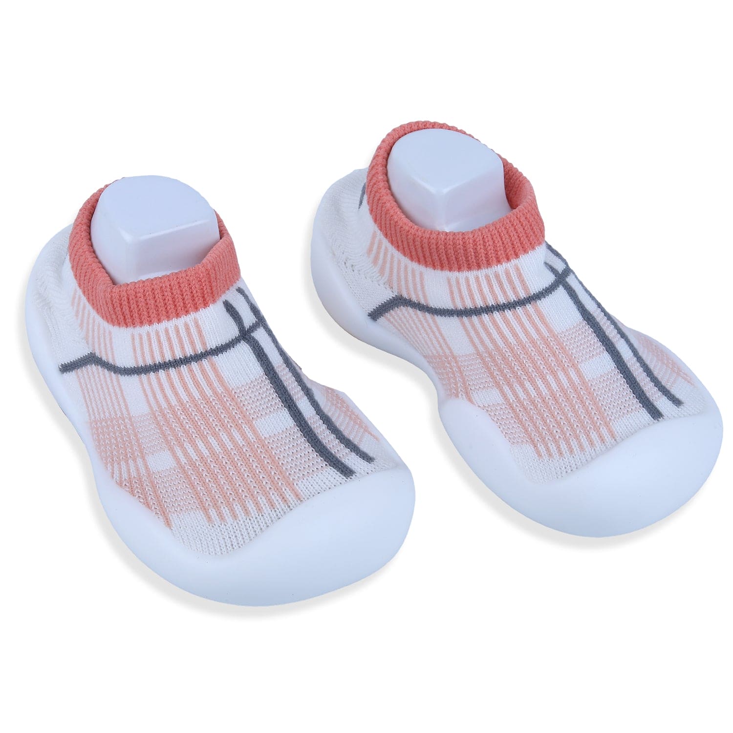 Baby Moo Checked Rubber Comfortable Sole Slip-On Sock Shoes - Peach - Baby Moo