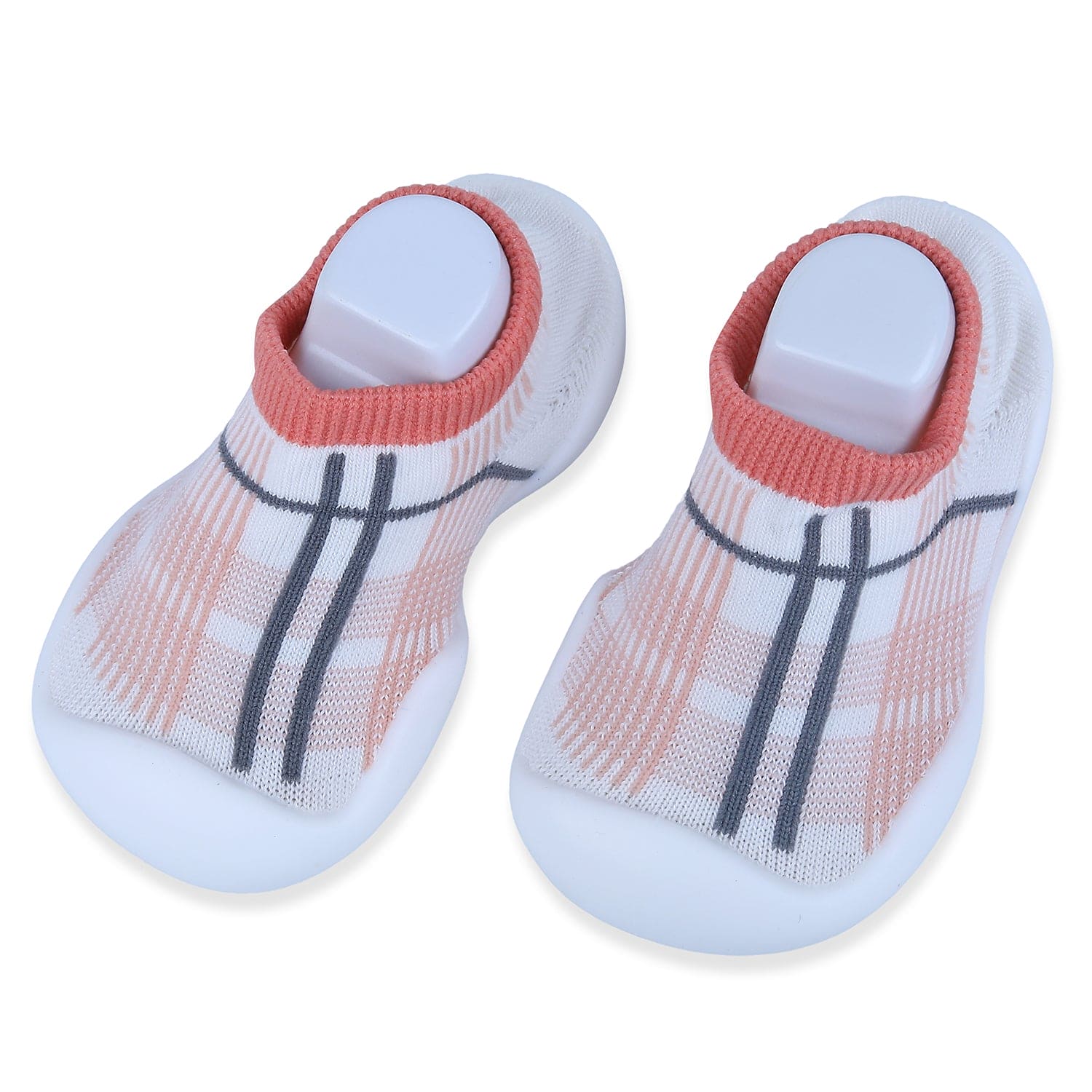 Baby Moo Checked Rubber Comfortable Sole Slip-On Sock Shoes - Peach - Baby Moo