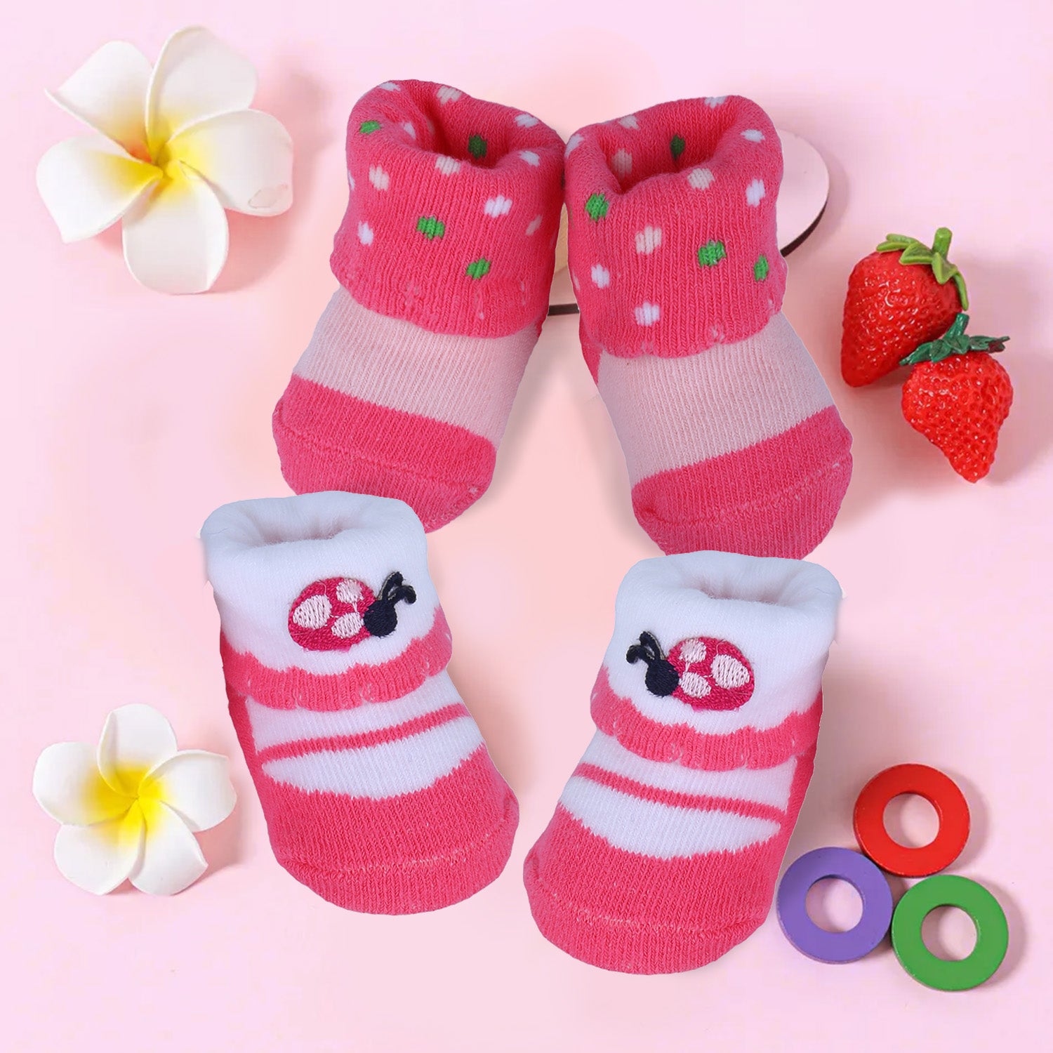 Baby Moo Ladybug Polka Dotted Newborn Breathable Infant Cotton Socks - Pink - Baby Moo