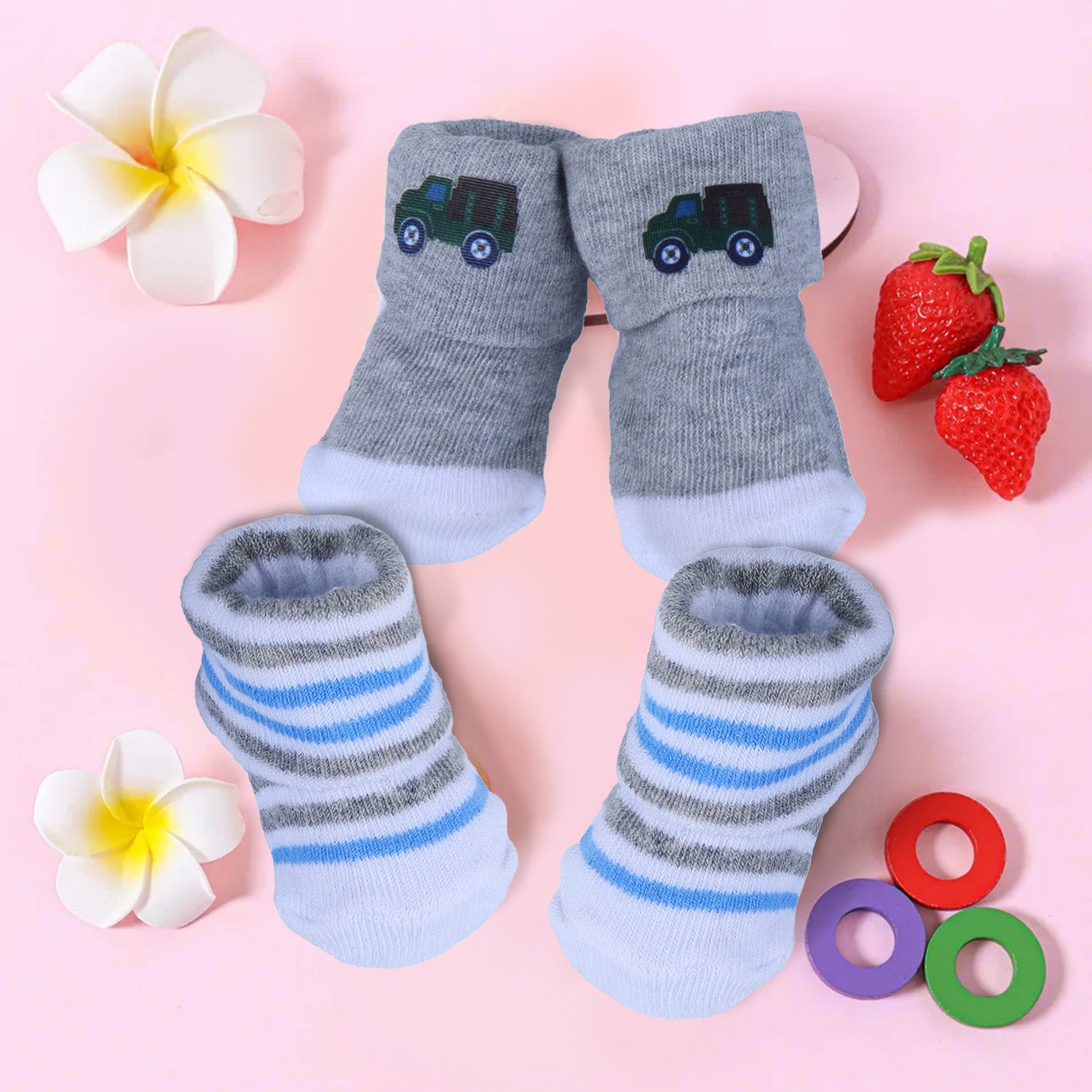Baby Moo Truck And Stripes Newborn Breathable Infant Cotton Socks - Grey - Baby Moo