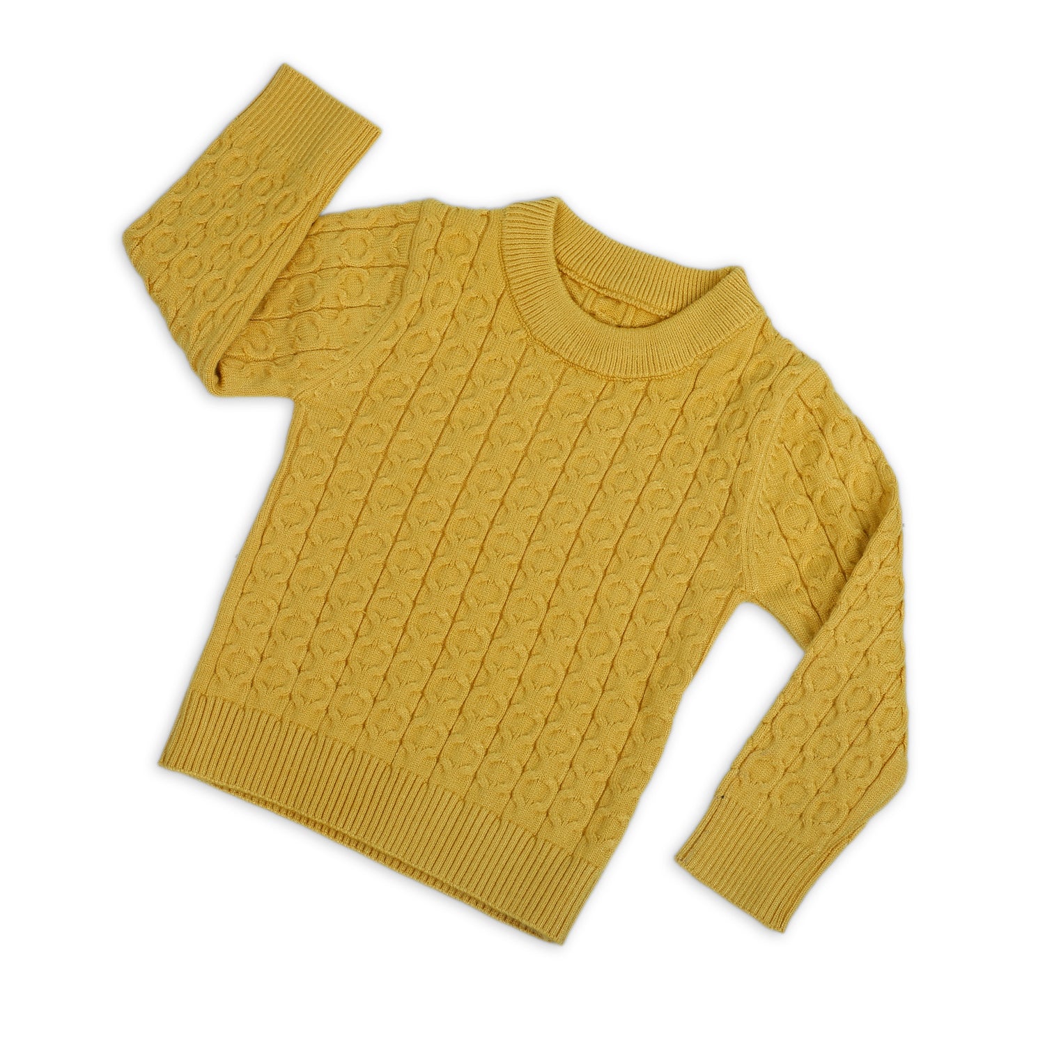 Classic Solid Round Neck Premium Full Sleeves Cable Knit Sweater - Mustard