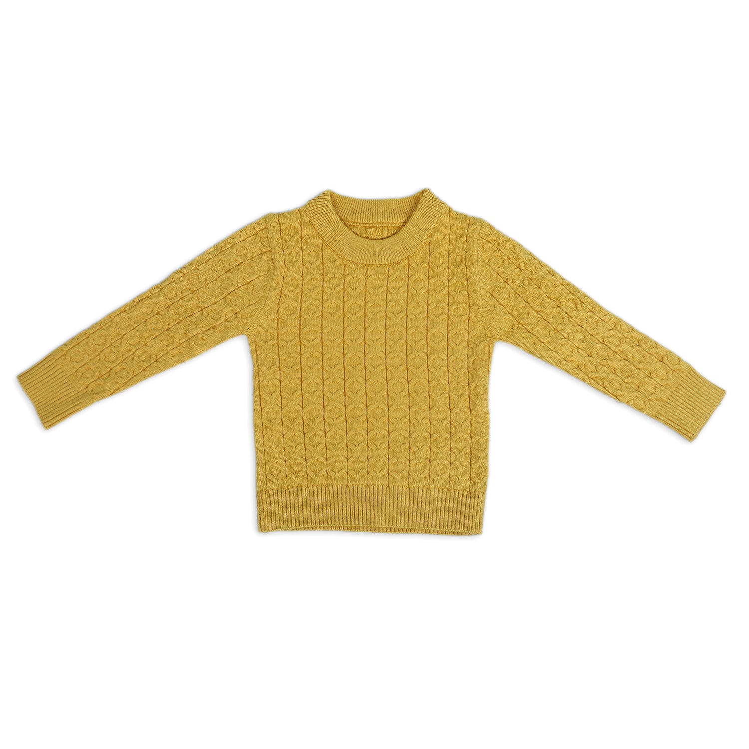 Classic Solid Round Neck Premium Full Sleeves Cable Knit Sweater - Mustard - Baby Moo