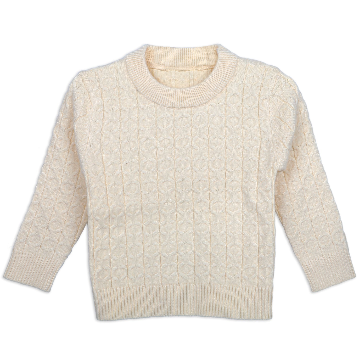 Classic Solid Round Neck Premium Full Sleeves Cable Knit Sweater - Off White - Baby Moo