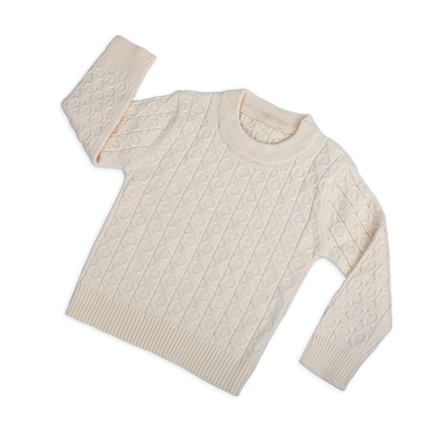 Classic Solid Round Neck Premium Full Sleeves Cable Knit Sweater - Off White - Baby Moo