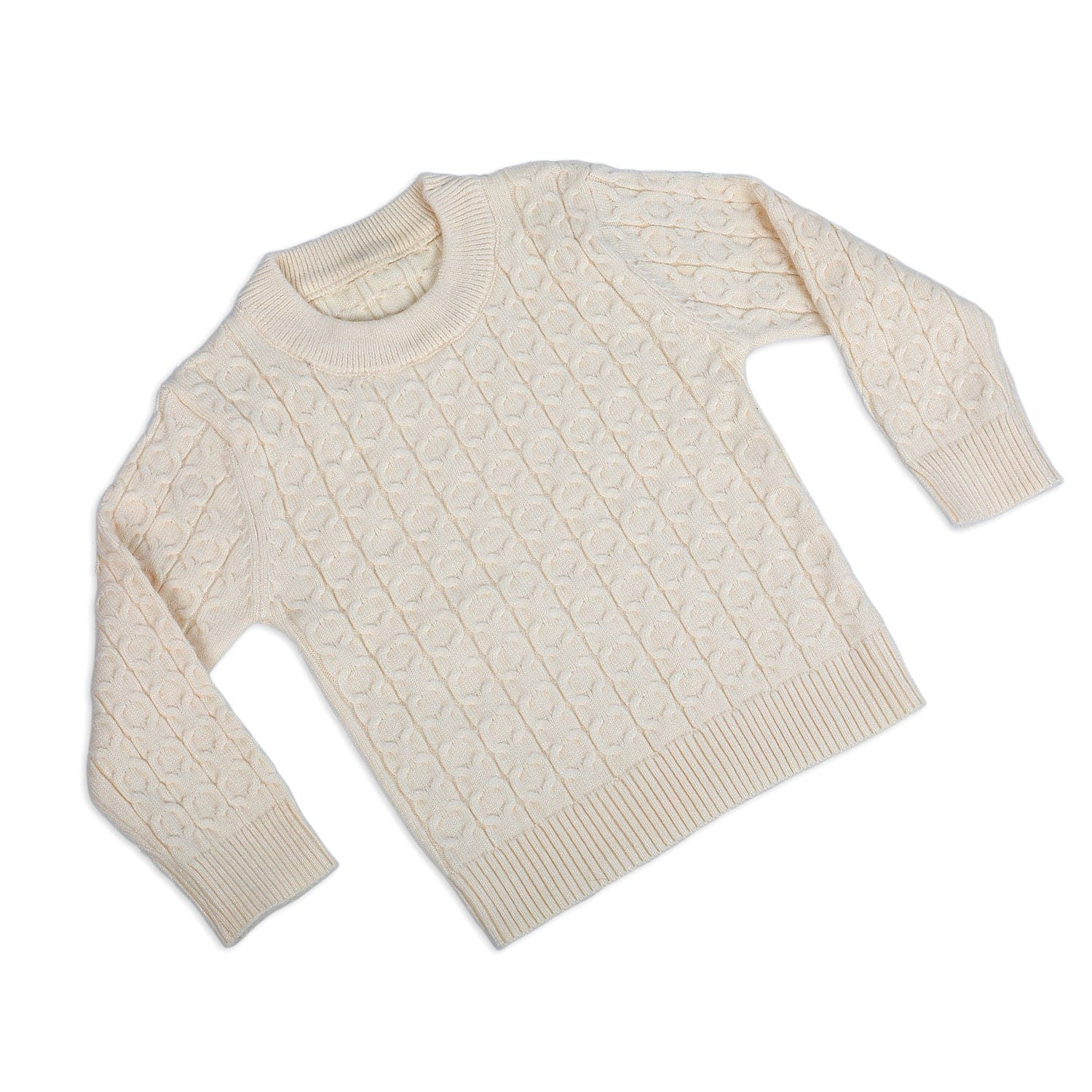 Classic Solid Round Neck Premium Full Sleeves Cable Knit Sweater - Off White - Baby Moo